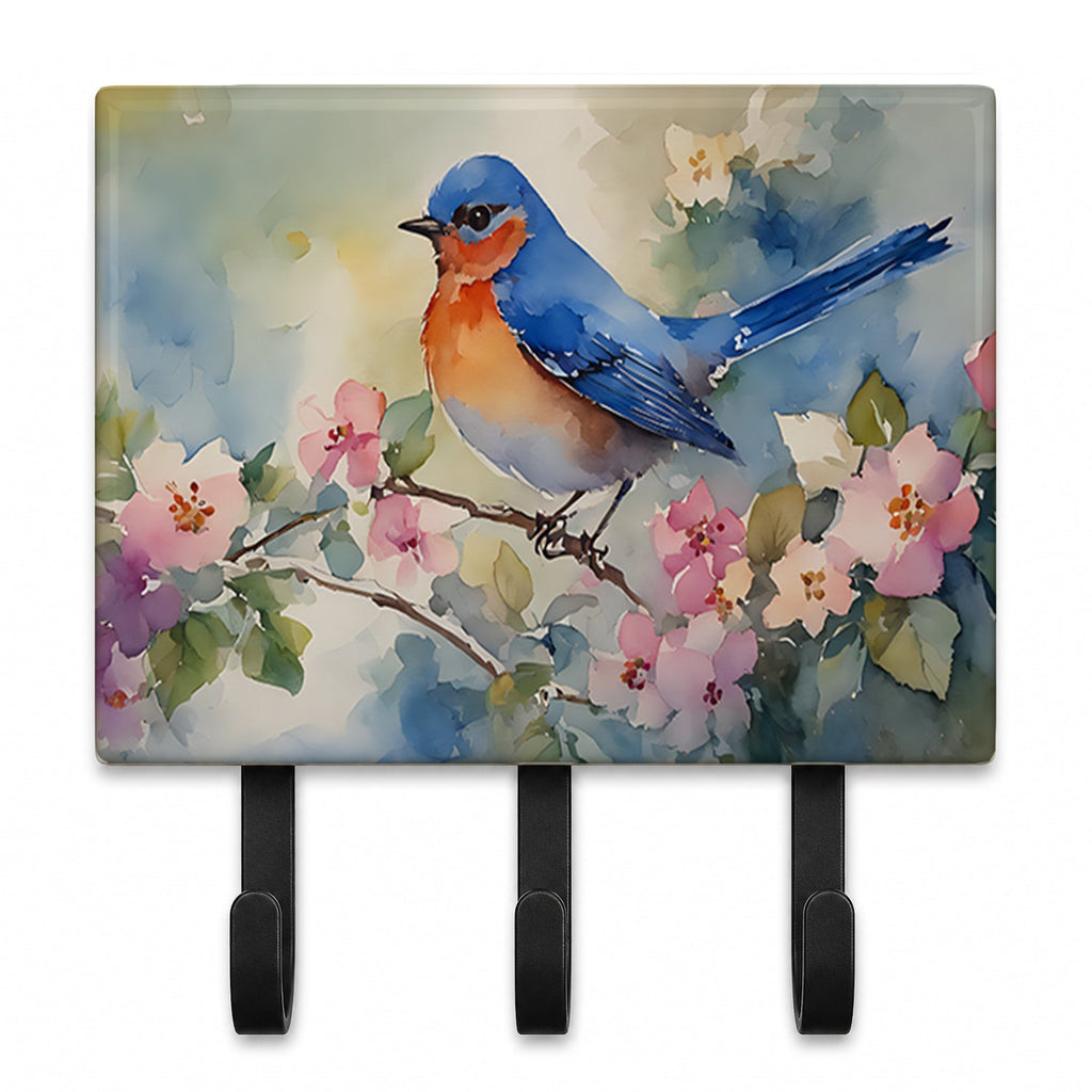 Eastern Bluebird on Blossom Branch Leash or Key Holder Wall Hooks, Coat Rack Wall Mount, for Hanging Keys, Towels, Aprons, Leashes