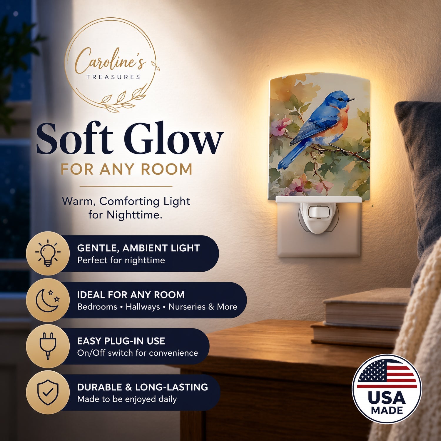 Eastern Bluebird with Blossoms Spring Ceramic Night Light Compact, UL-Certified, Ideal for Bedroom, Bathroom, Nursery, Hallway, Kitchen, 6x4x3, Multicolor