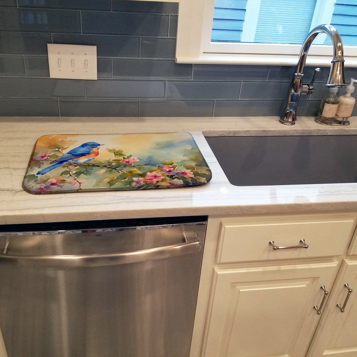 Eastern Bluebird with Blossoms Spring Dish Drying Mat Absorbent Dish Drying Mat Pad for Kitchen Counter Dish Drainer Mat for Countertop, 14 x 21", Multicolor