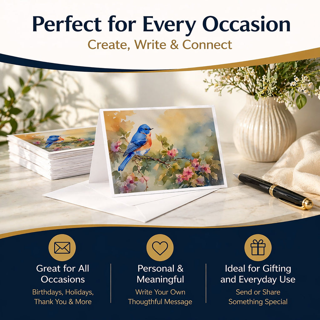 Eastern Bluebird with Blossoms Spring Greeting Cards Pack of 8 Blank Cards with Envelopes Whimsical A7 Size 5x7