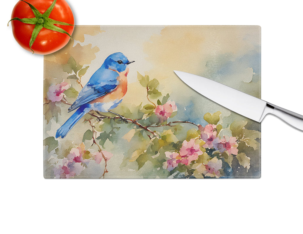Eastern Bluebird with Blossoms Spring Cutting Board Tempered Glass Kitchen Cutting Surface, Heat Resistant Chopping, Non-Slip Feet, Food Prep & Serving