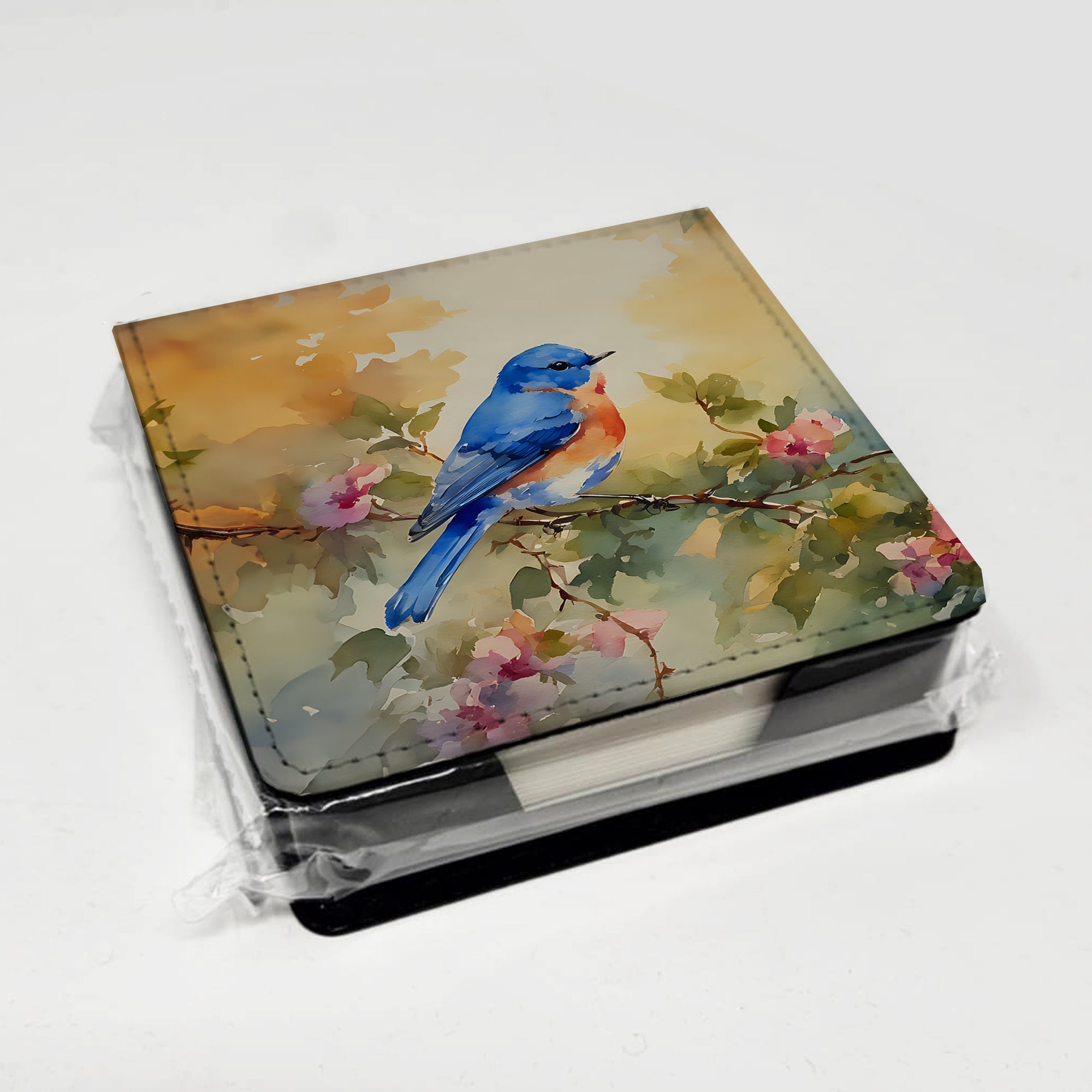 Eastern Bluebird with Blossoms Spring PU Leather Note Paper Holder with Artist-Designed Cover, Desk Accessory, Office Gift