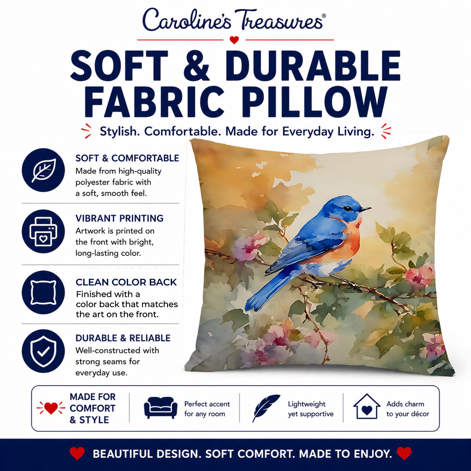Eastern Bluebird with Blossoms Spring Decorative Throw Pillow 14x14 Indoor Outdoor Accent Cushion, Fabric Cover with Insert for Sofa, Bed, Porch & Living Room