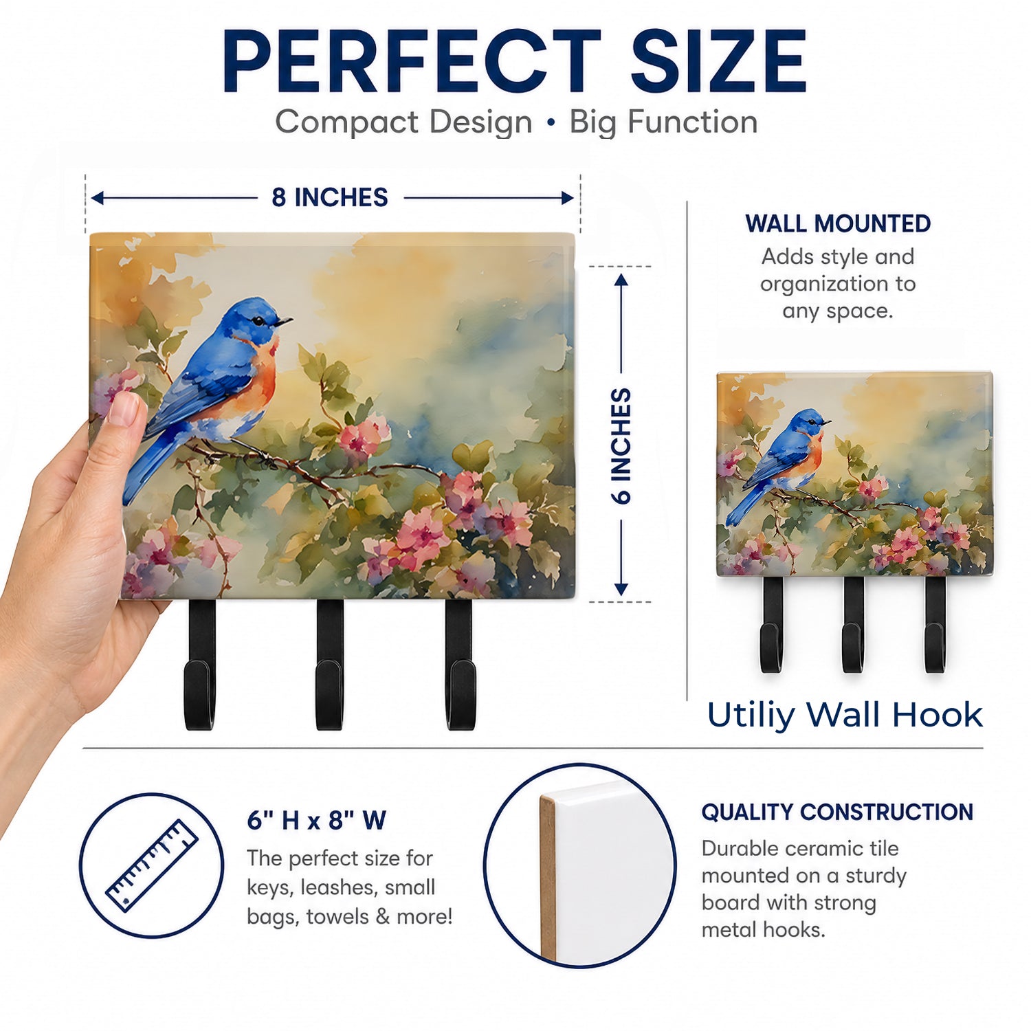 Eastern Bluebird with Blossoms Spring Leash or Key Holder Wall Hooks, Coat Rack Wall Mount, for Hanging Keys, Towels, Aprons, Leashes