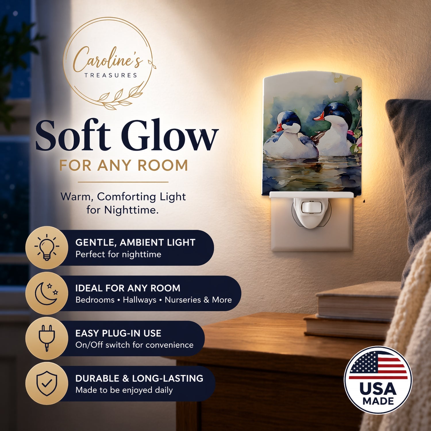 Bufflehead Hooded Merganser Pair Swimming Ceramic Night Light Compact, UL-Certified, Ideal for Bedroom, Bathroom, Nursery, Hallway, Kitchen, 6x4x3, Multicolor