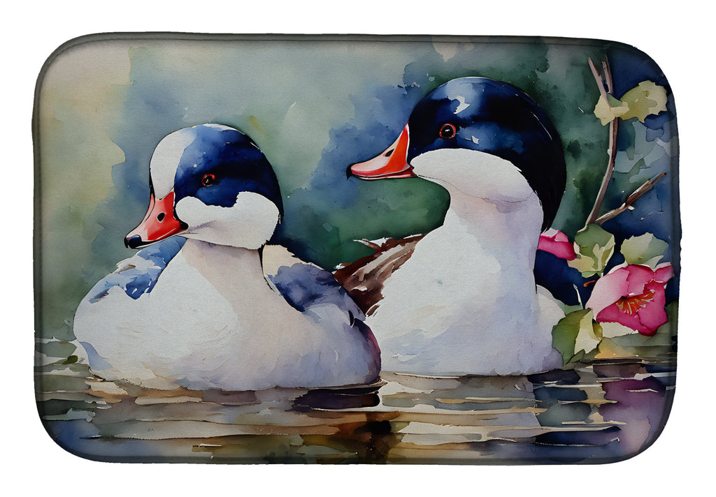 Bufflehead Hooded Merganser Pair Swimming Dish Drying Mat Absorbent Dish Drying Mat Pad for Kitchen Counter Dish Drainer Mat for Countertop, 14 x 21", Multicolor