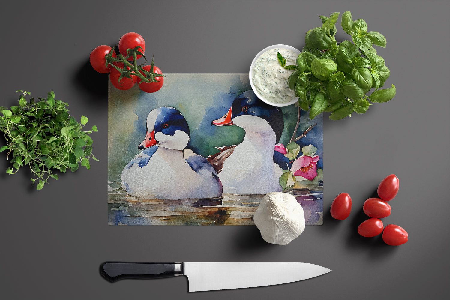 Bufflehead Hooded Merganser Pair Swimming Cutting Board Tempered Glass Kitchen Cutting Surface, Heat Resistant Chopping, Non-Slip Feet, Food Prep & Serving