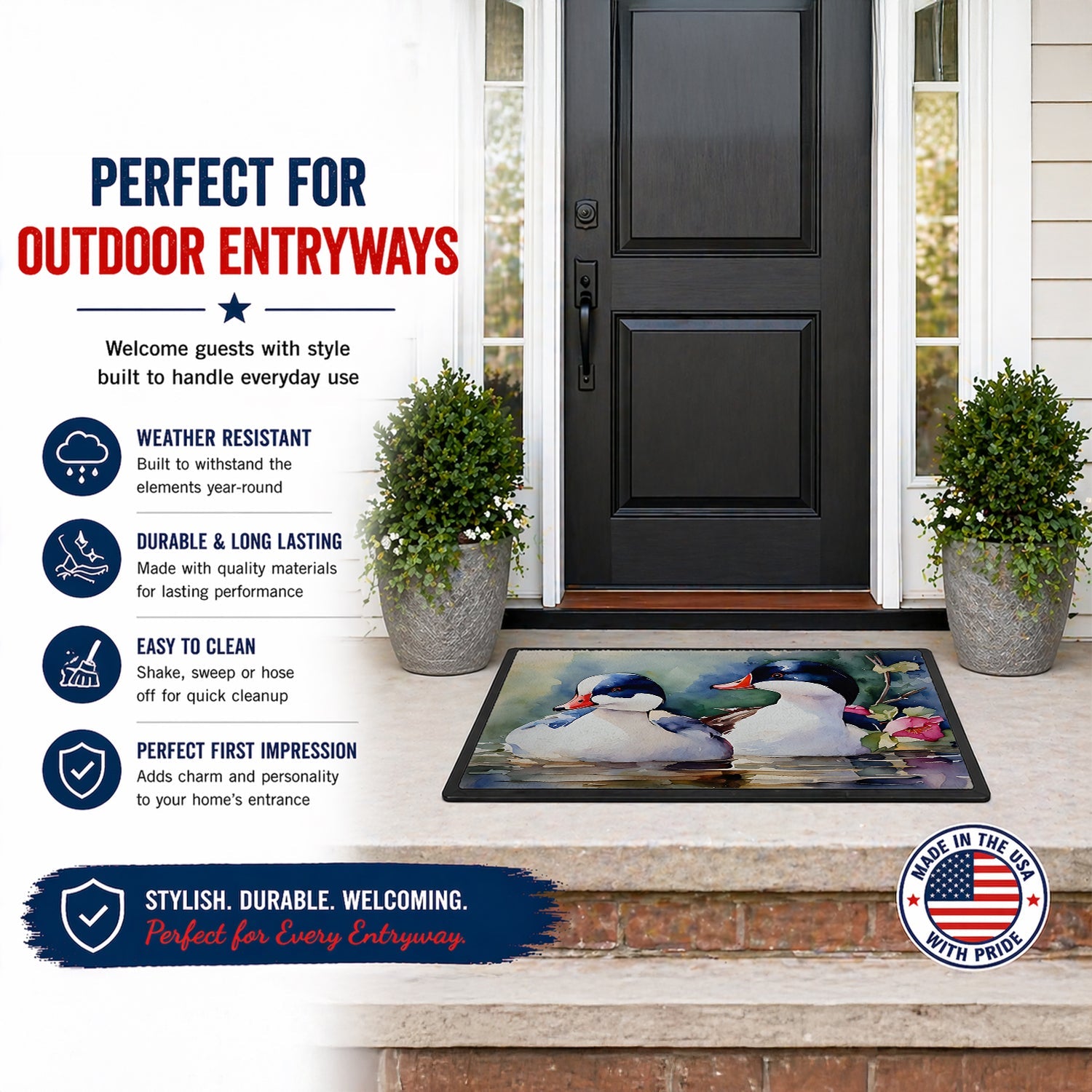 Bufflehead Hooded Merganser Pair Swimming Doormat Indoor Outdoor 18H X 27W Front Door Mat Rugs for Entryway, Non Slip Washable