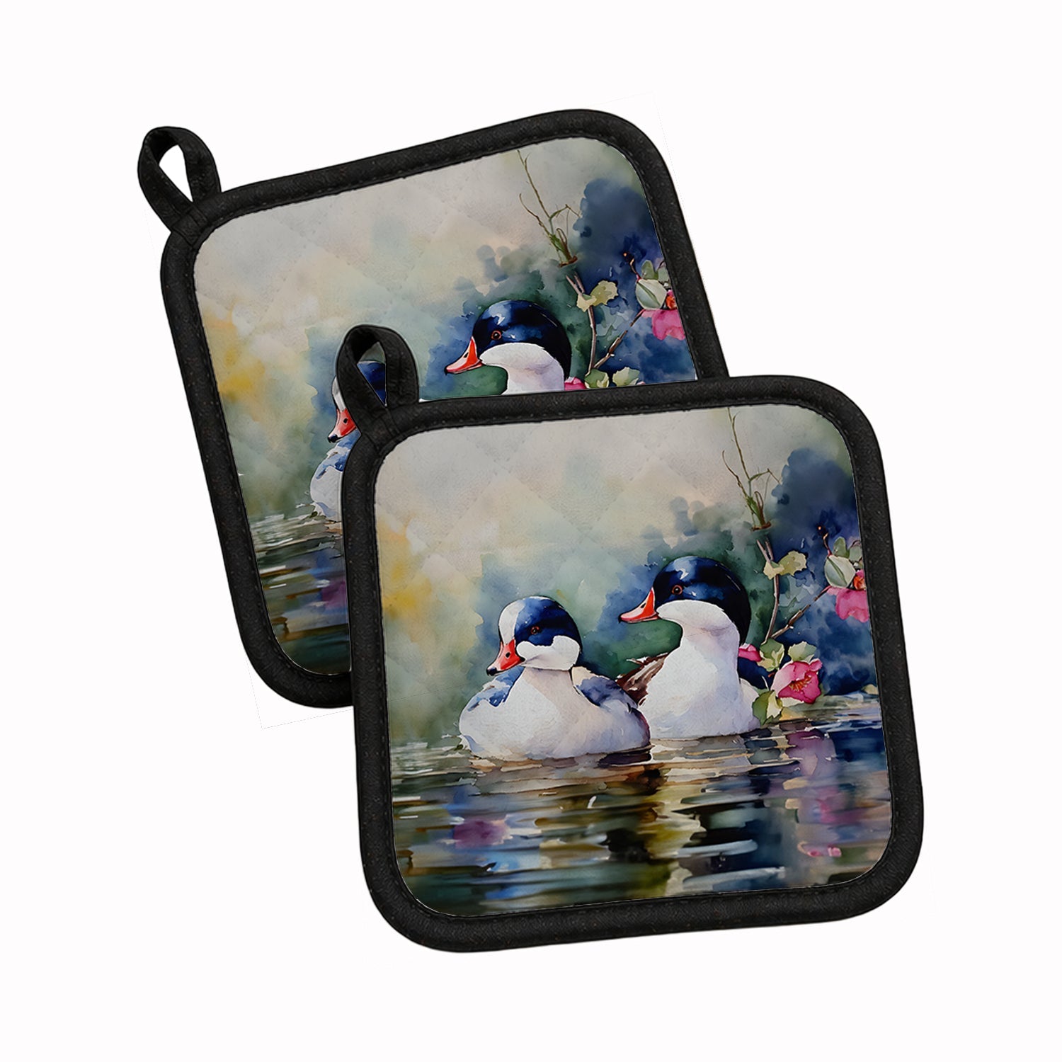 Bufflehead Hooded Merganser Pair Swimming Pot Holder Set of 2 Heat Resistant Quilted Hot Pads 7.5 x 7.5 Inch, Insulated Kitchen Trivets for Cooking & Baking