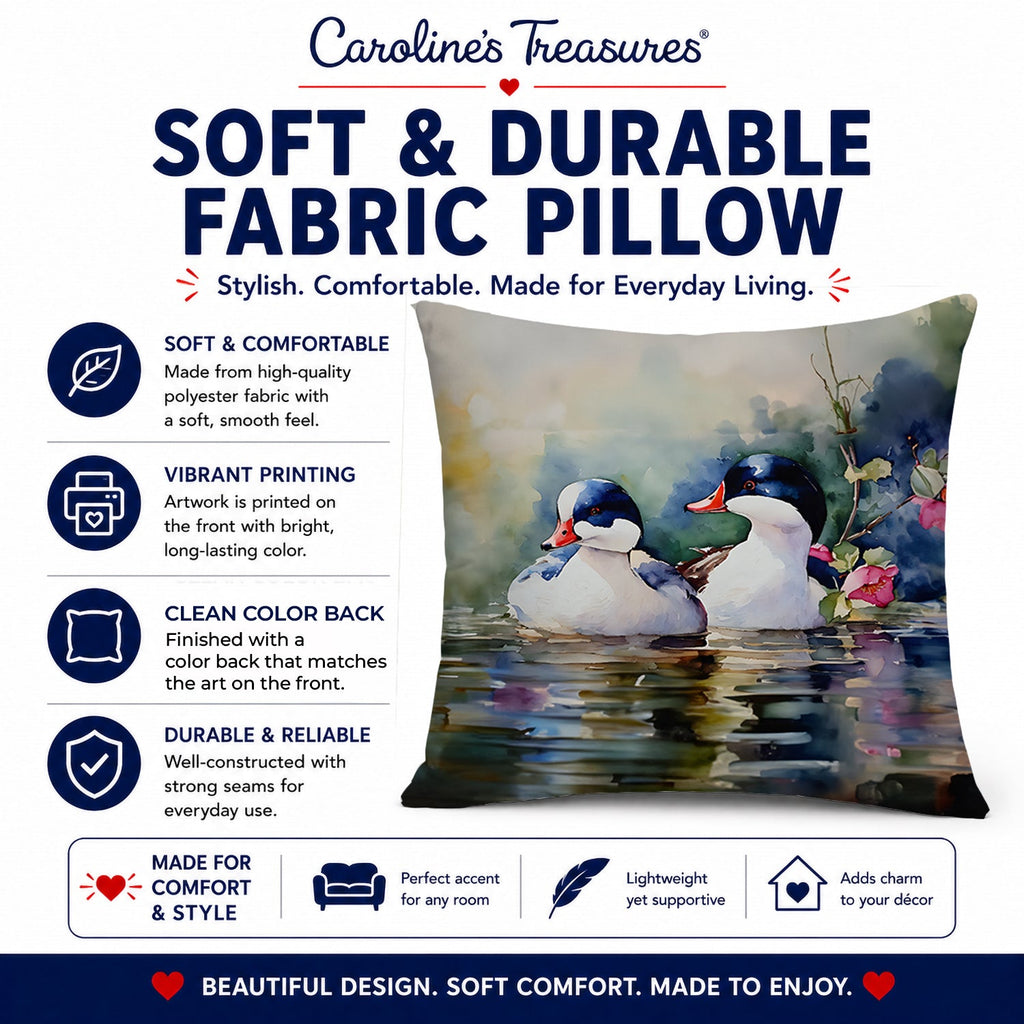 Bufflehead Hooded Merganser Pair Swimming Decorative Throw Pillow 18x18 Indoor Outdoor Accent Cushion, Fabric Cover with Insert for Sofa, Bed, Porch & Living Room