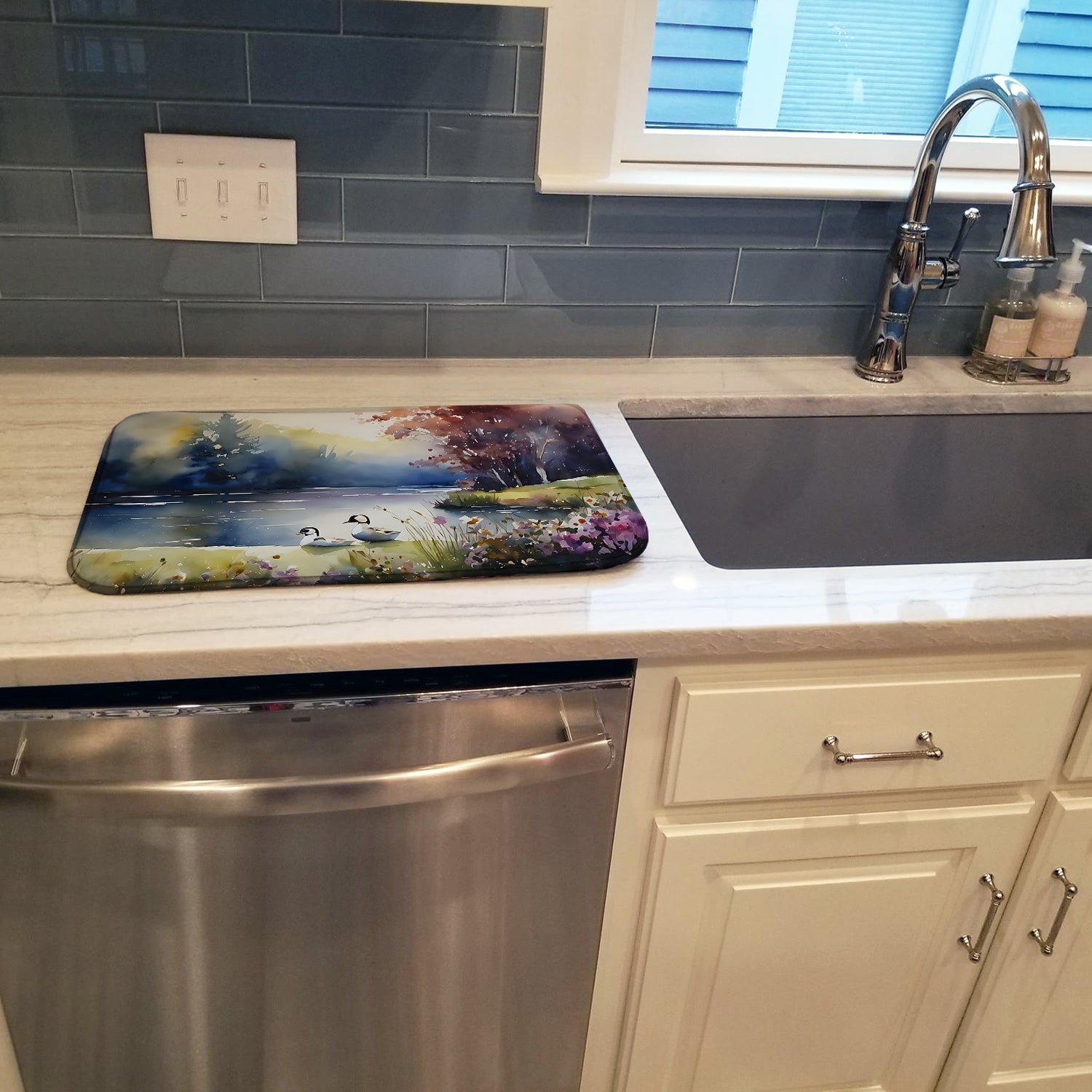 Bufflehead Ducks on Misty Lake Dish Drying Mat Absorbent Dish Drying Mat Pad for Kitchen Counter Dish Drainer Mat for Countertop, 14 x 21", Multicolor