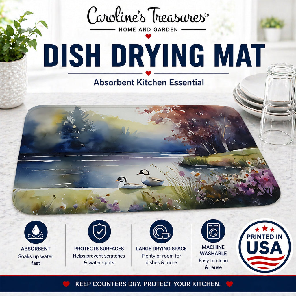 Bufflehead Ducks on Misty Lake Dish Drying Mat Absorbent Dish Drying Mat Pad for Kitchen Counter Dish Drainer Mat for Countertop, 14 x 21", Multicolor