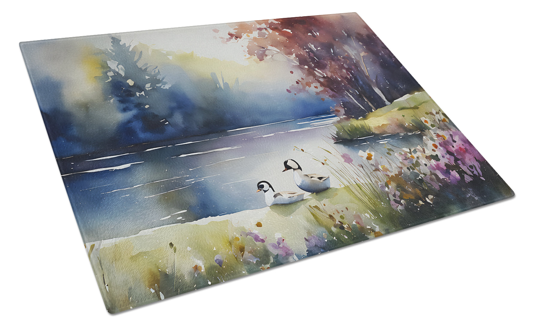 Bufflehead Ducks on Misty Lake Cutting Board Tempered Glass Kitchen Cutting Surface, Heat Resistant Chopping, Non-Slip Feet, Food Prep & Serving