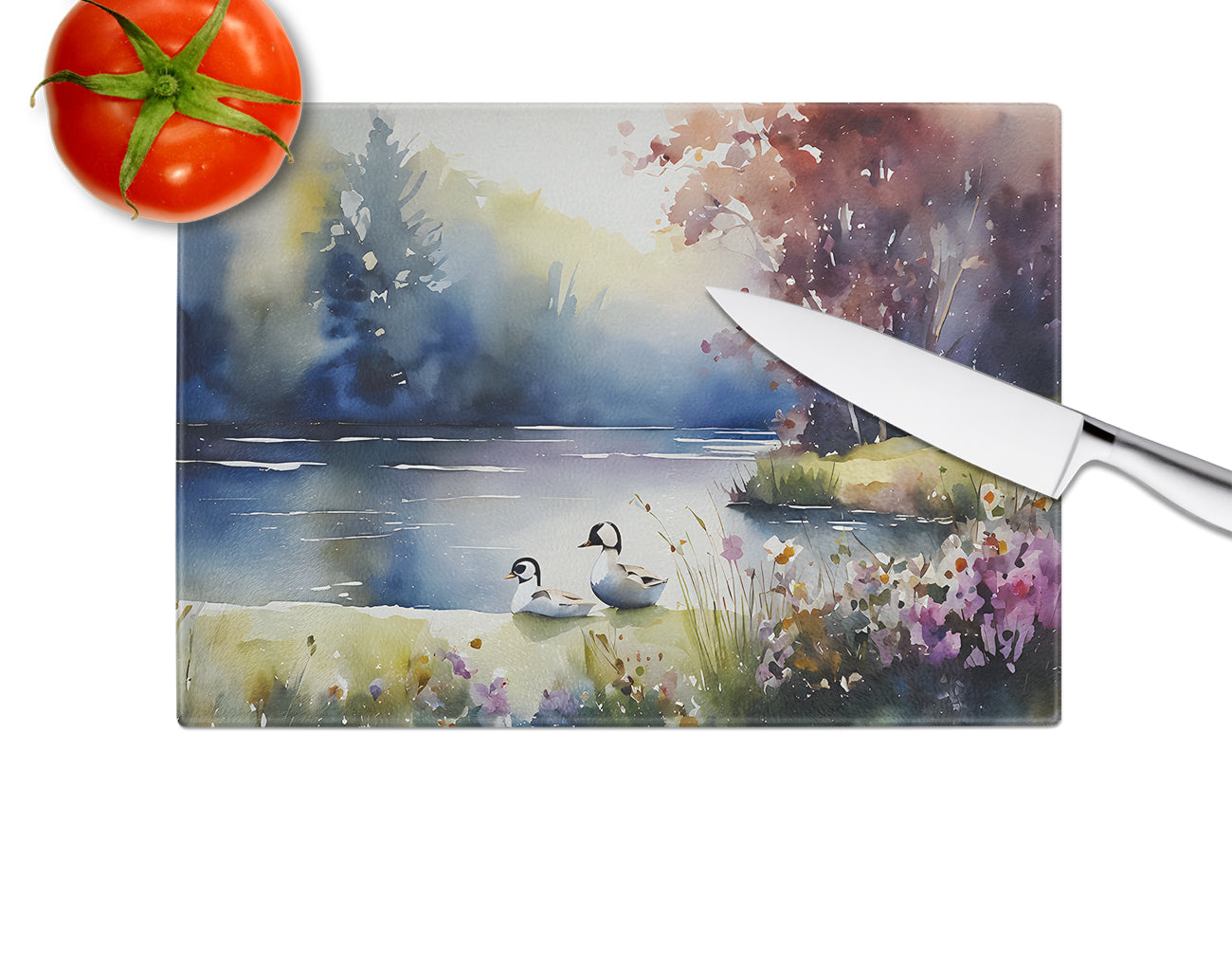 Bufflehead Ducks on Misty Lake Cutting Board Tempered Glass Kitchen Cutting Surface, Heat Resistant Chopping, Non-Slip Feet, Food Prep & Serving