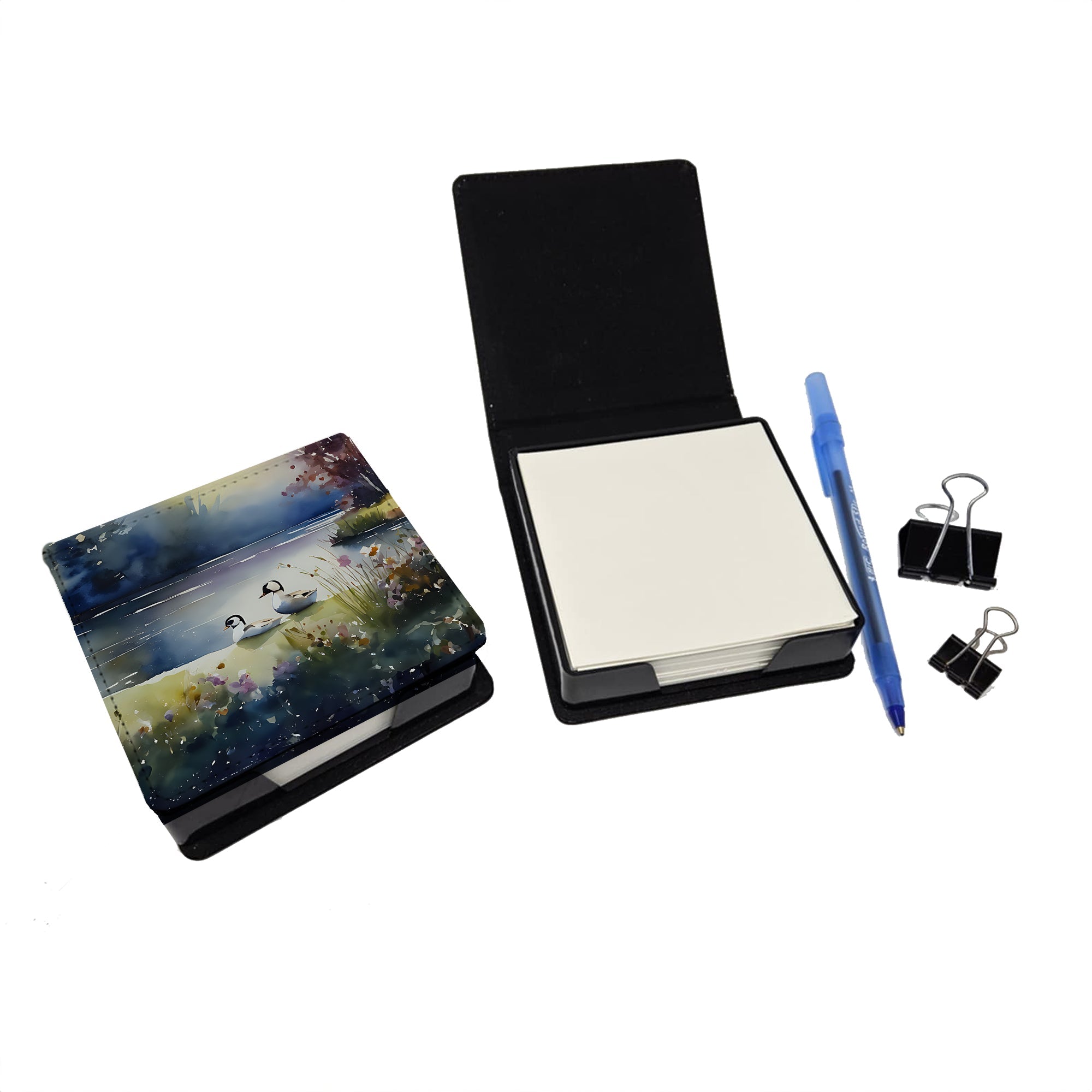 Bufflehead Ducks on Misty Lake PU Leather Note Paper Holder with Artist-Designed Cover, Desk Accessory, Office Gift