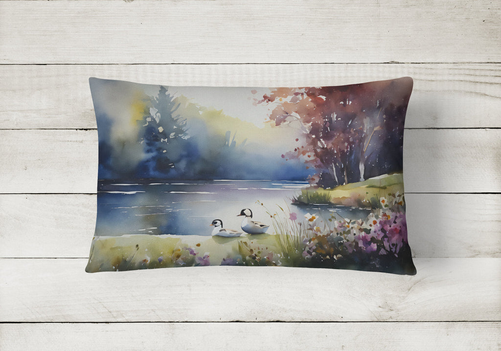 Bufflehead Ducks on Misty Lake Decorative Throw Pillow 12x16 Indoor Outdoor Accent Cushion, Fabric Cover with Insert for Sofa, Bed, Porch & Living Room