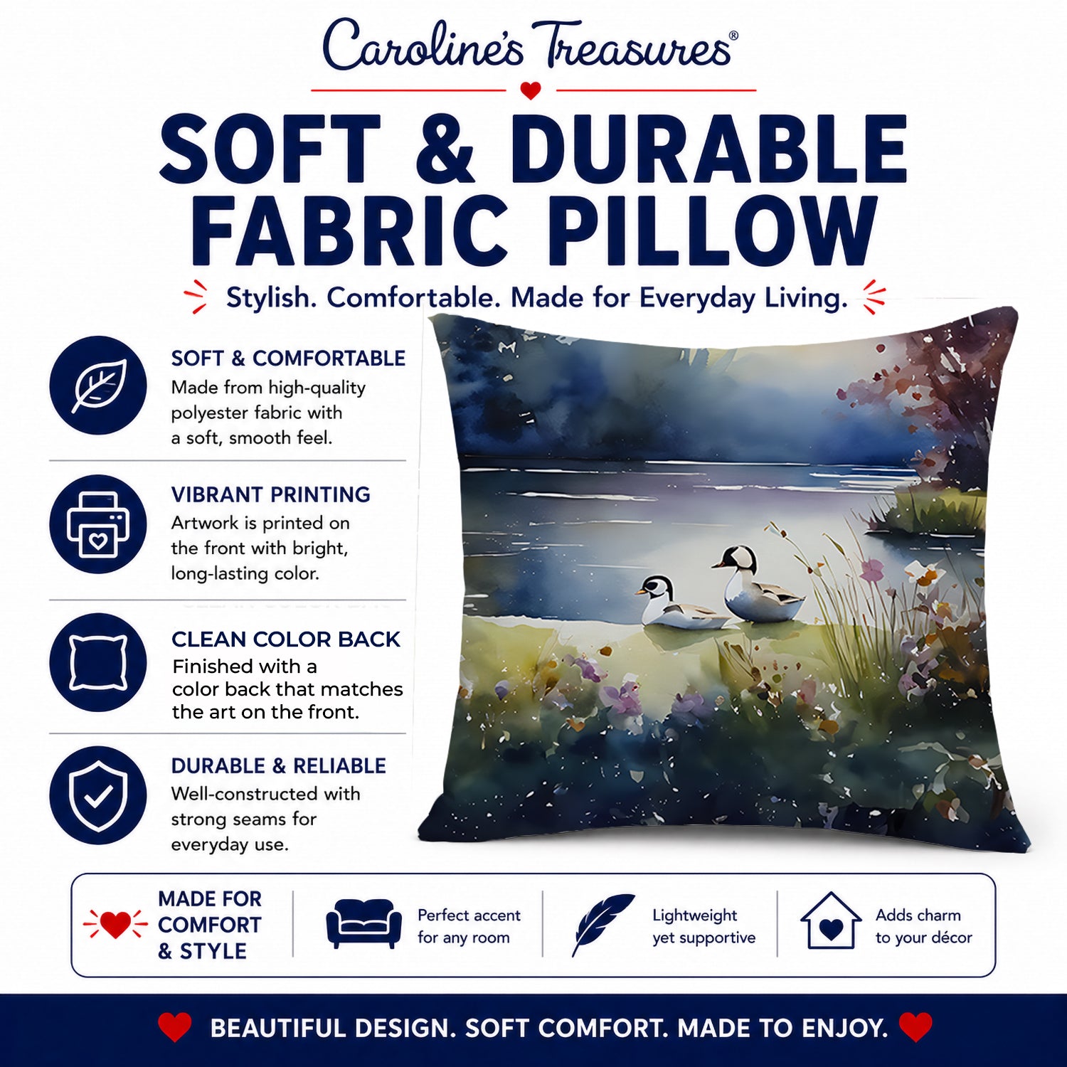 Bufflehead Ducks on Misty Lake Decorative Throw Pillow 18x18 Indoor Outdoor Accent Cushion, Fabric Cover with Insert for Sofa, Bed, Porch & Living Room