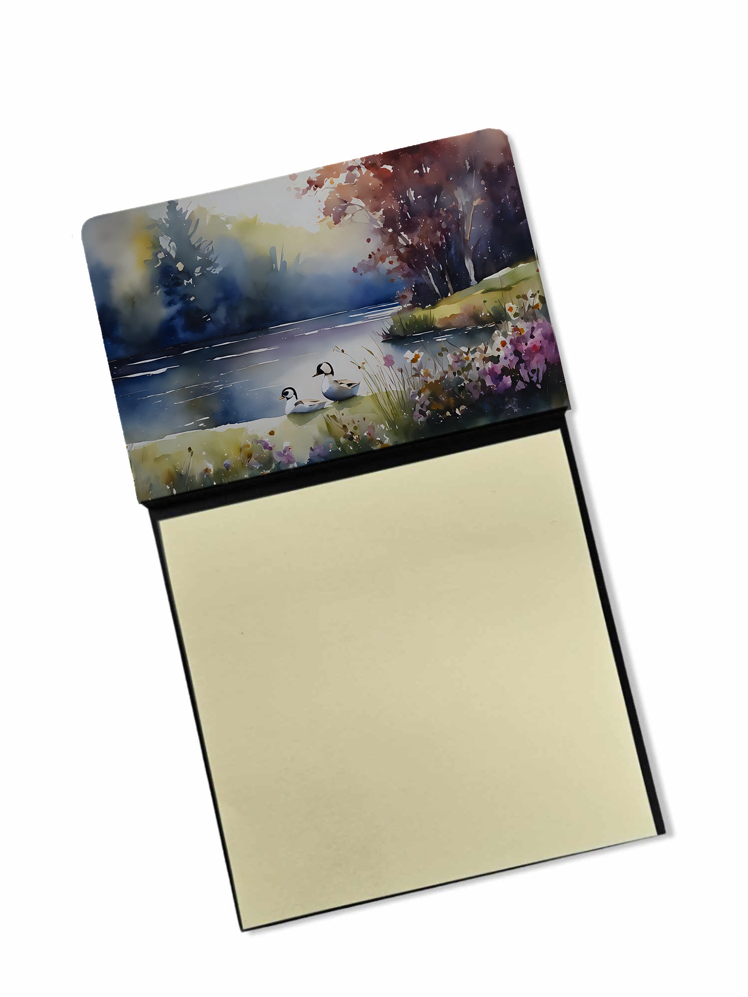Bufflehead Ducks on Misty Lake Watercolor Sticky Note Holder Refillable Dispenser Desk Accessory 3x3 Pad Gift