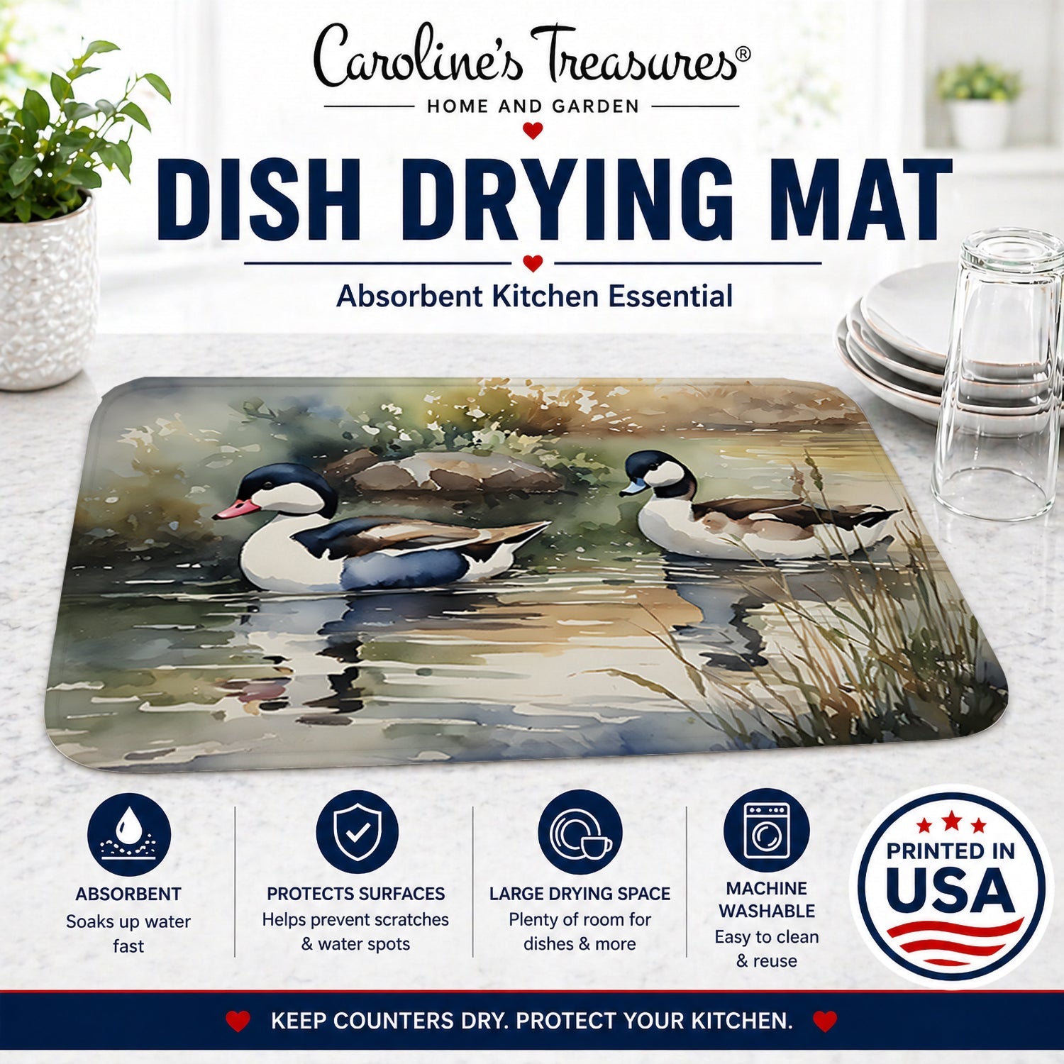 Bufflehead Ducks Swimming Marsh Scene Dish Drying Mat Absorbent Dish Drying Mat Pad for Kitchen Counter Dish Drainer Mat for Countertop, 14 x 21", Multicolor