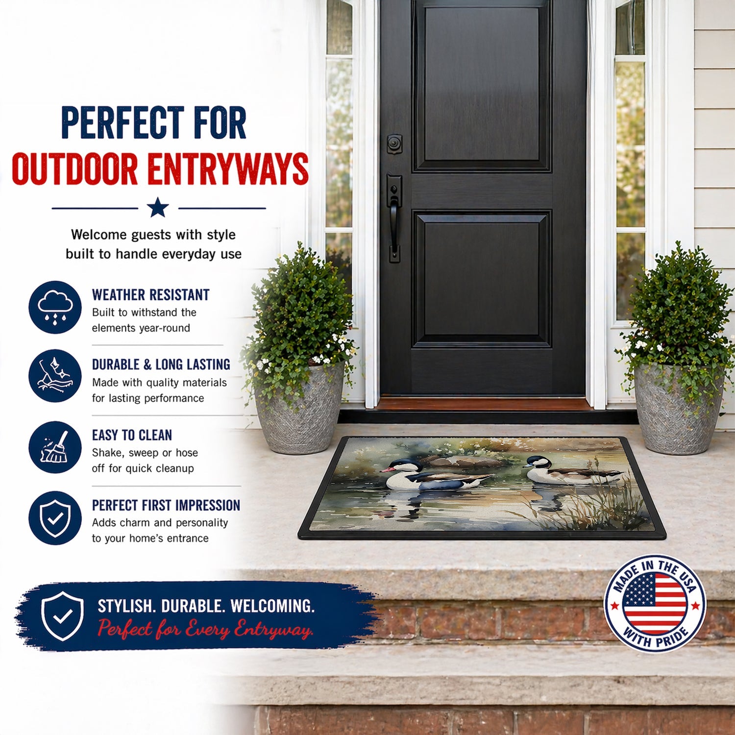 Bufflehead Ducks Swimming Marsh Scene Doormat Indoor Outdoor 24H X 36W Front Door Mat Rugs for Entryway, Non Slip Washable Low Pile,