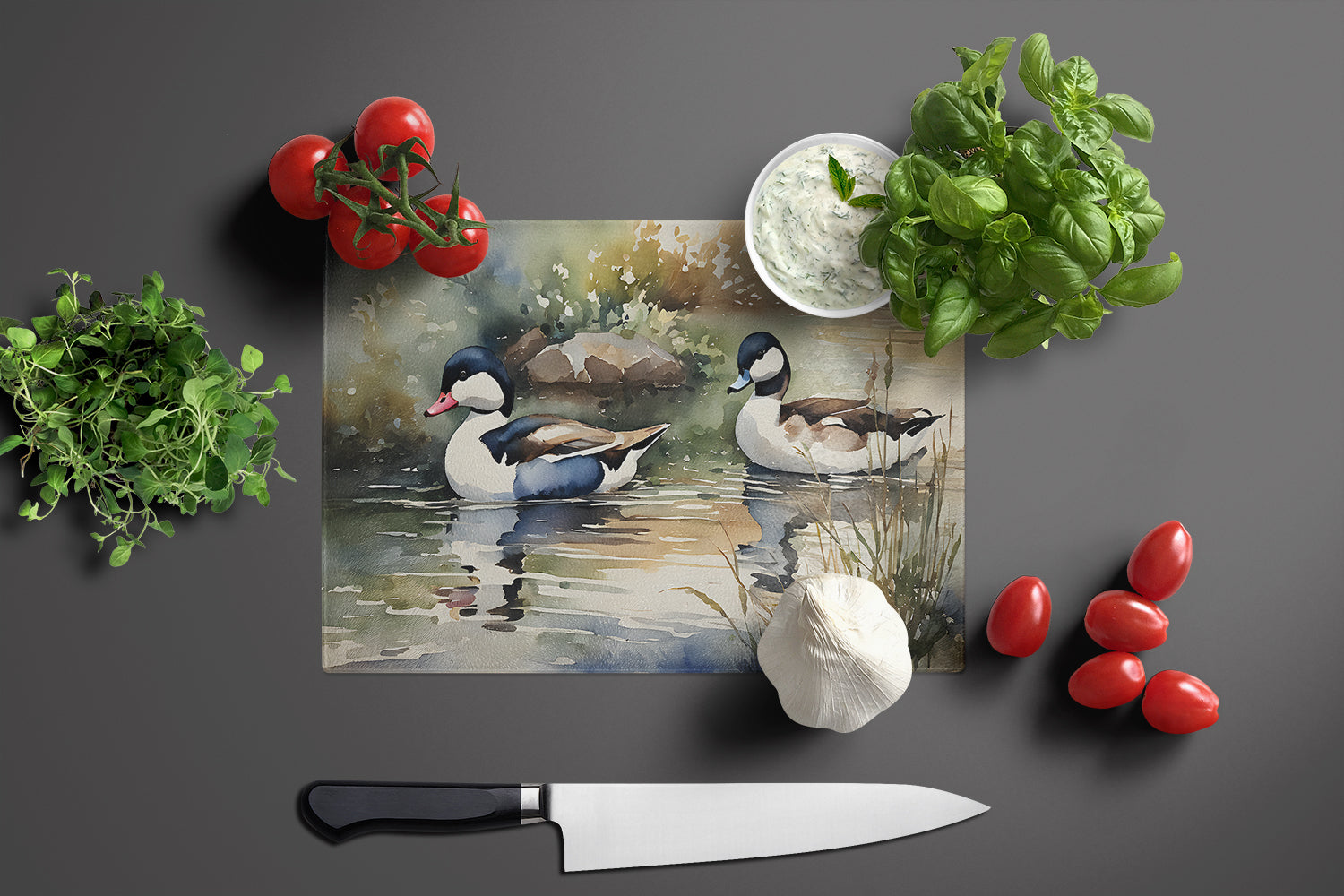 Bufflehead Ducks Swimming Marsh Scene Cutting Board Tempered Glass Kitchen Cutting Surface, Heat Resistant Chopping, Non-Slip Feet, Food Prep & Serving