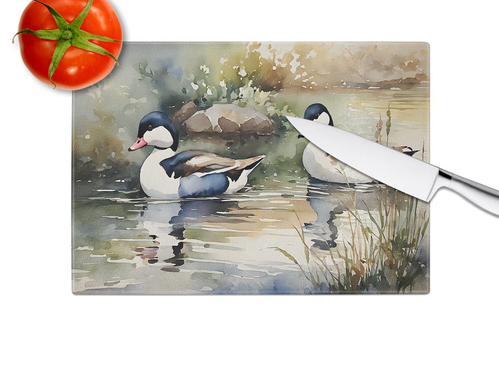 Bufflehead Ducks Swimming Marsh Scene Cutting Board Tempered Glass Kitchen Cutting Surface, Heat Resistant Chopping, Non-Slip Feet, Food Prep & Serving