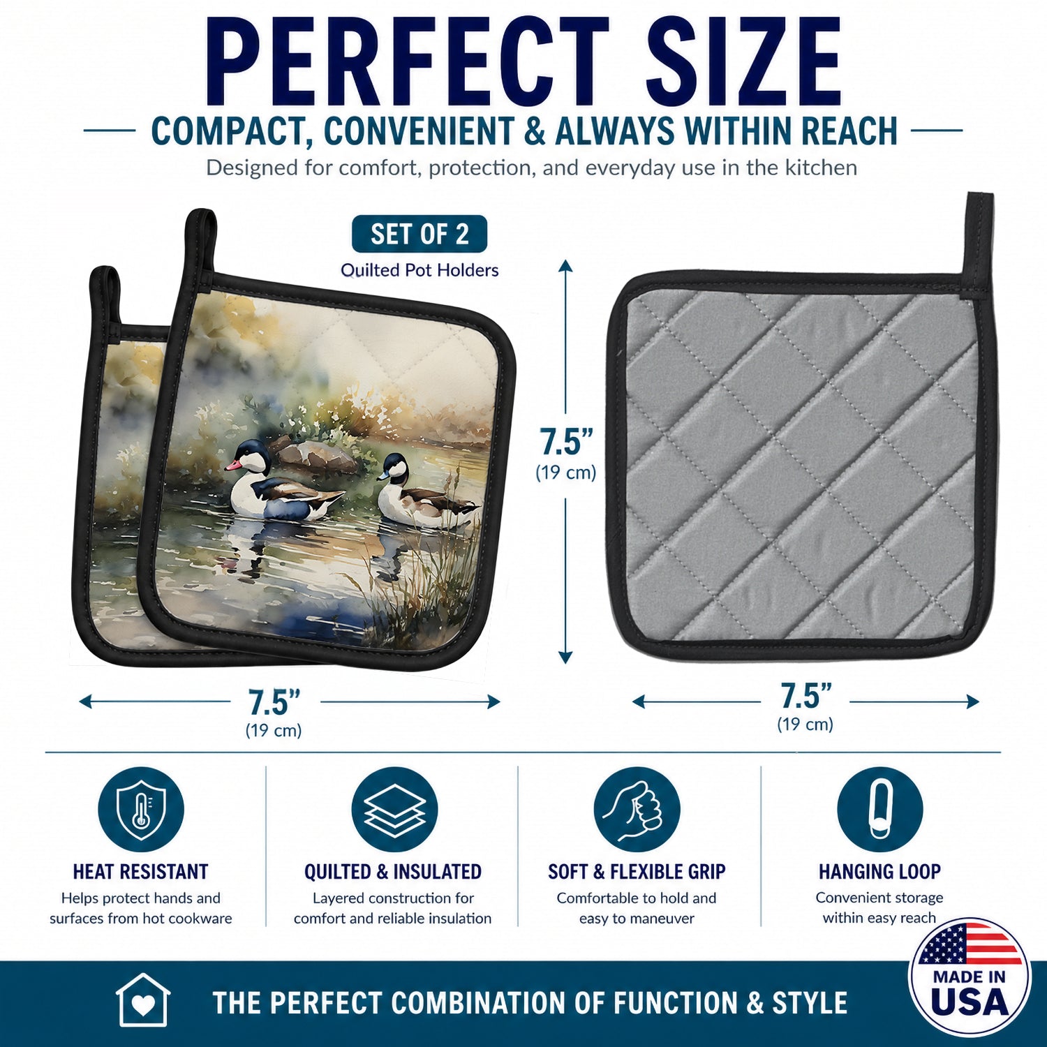 Bufflehead Ducks Swimming Marsh Scene Pot Holder Set of 2 Heat Resistant Quilted Hot Pads 7.5 x 7.5 Inch, Insulated Kitchen Trivets for Cooking & Baking