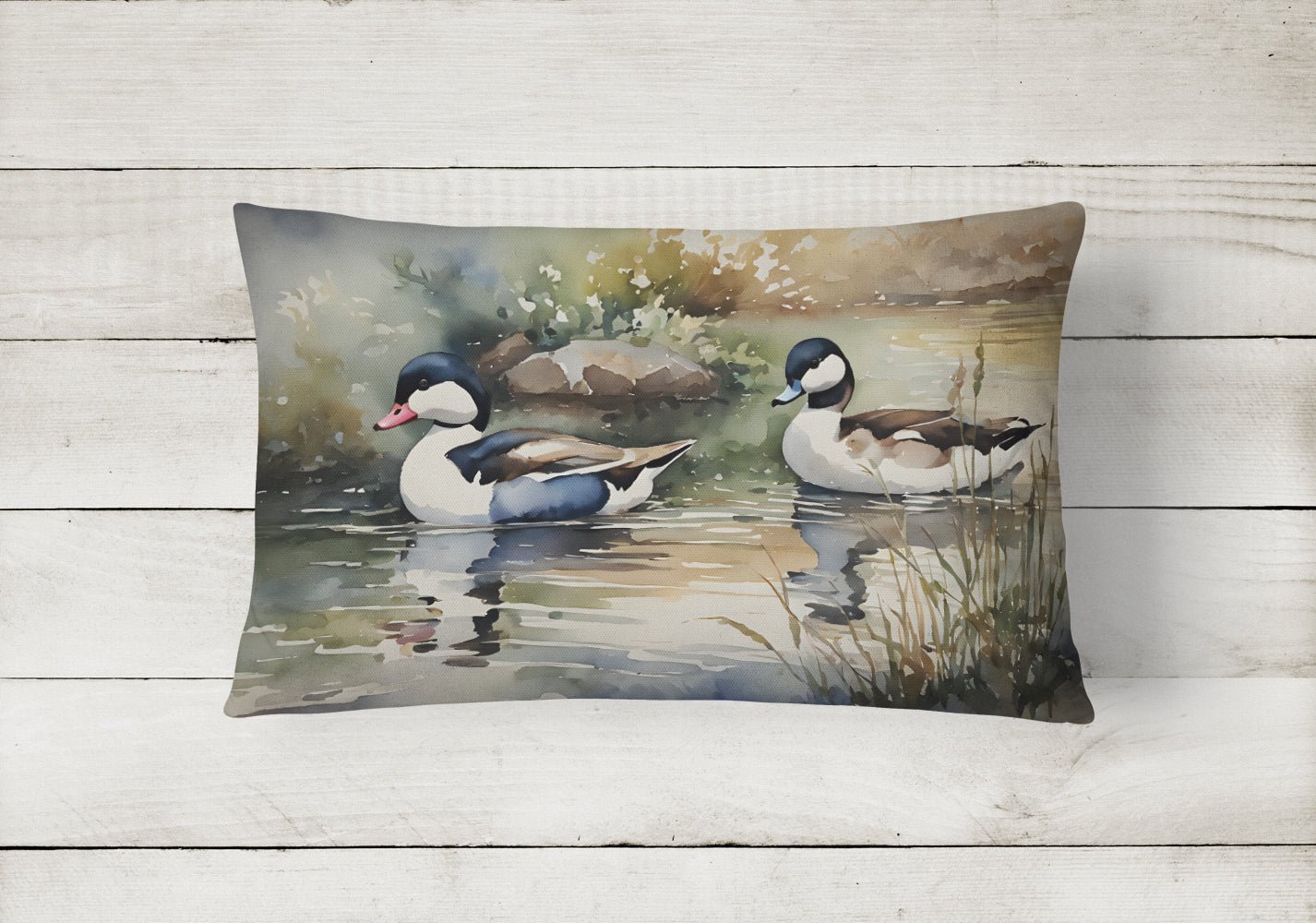 Bufflehead Ducks Swimming Marsh Scene Decorative Throw Pillow 12x16 Indoor Outdoor Accent Cushion, Fabric Cover with Insert for Sofa, Bed, Porch & Living Room