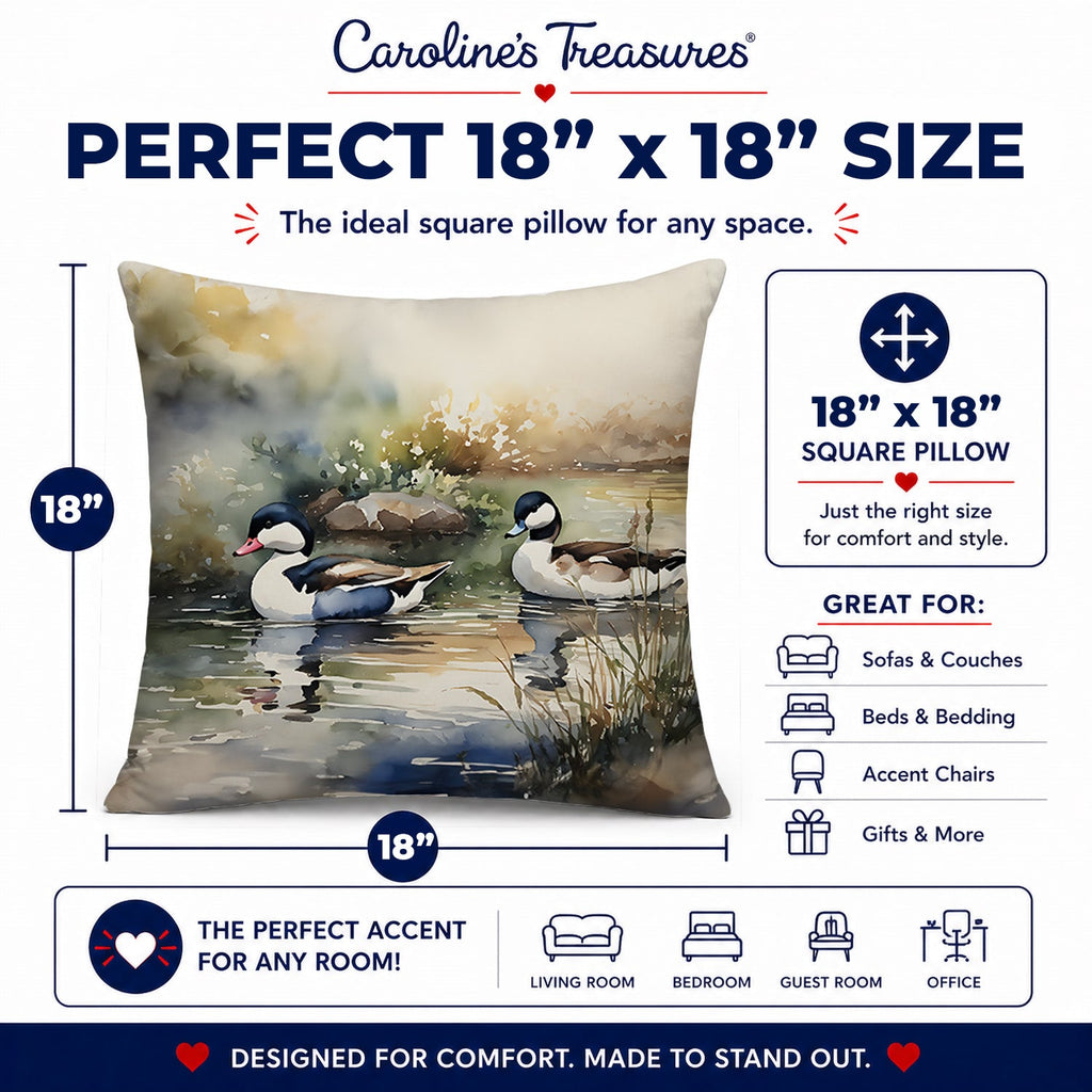 Bufflehead Ducks Swimming Marsh Scene Decorative Throw Pillow 18x18 Indoor Outdoor Accent Cushion, Fabric Cover with Insert for Sofa, Bed, Porch & Living Room