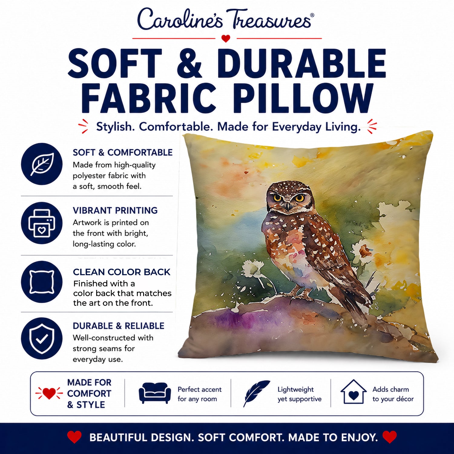 Burrowing Owl Wildlife Portrait Decorative Throw Pillow 14x14 Indoor Outdoor Accent Cushion, Fabric Cover with Insert for Sofa, Bed, Porch & Living Room