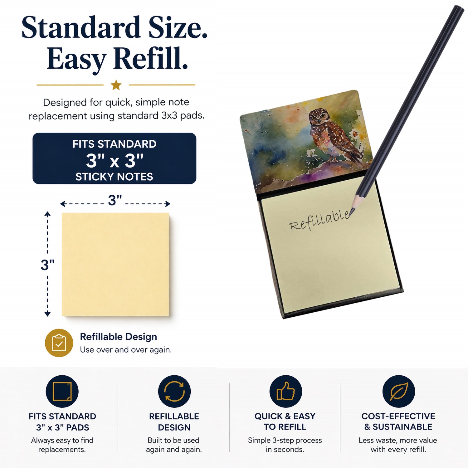 Burrowing Owl Wildlife Portrait Watercolor Sticky Note Holder Refillable Dispenser Desk Accessory 3x3 Pad Gift