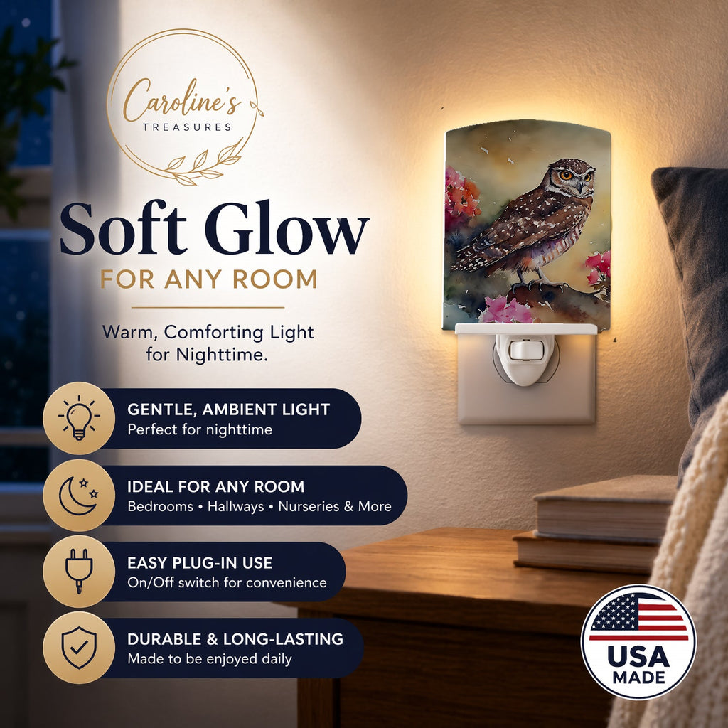 Burrowing Owl with Flowers Ceramic Night Light Compact, UL-Certified, Ideal for Bedroom, Bathroom, Nursery, Hallway, Kitchen, 6x4x3, Multicolor
