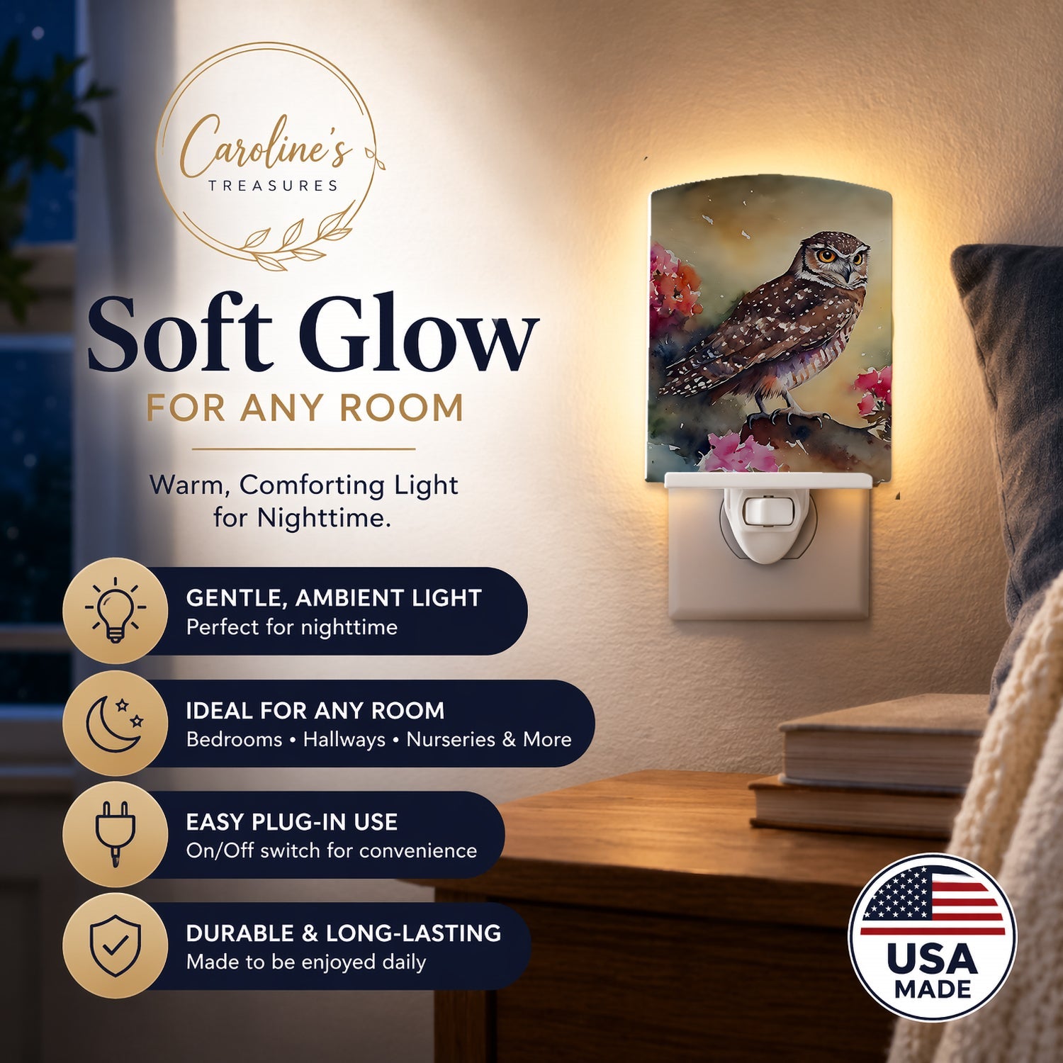 Burrowing Owl with Flowers Ceramic Night Light Compact, UL-Certified, Ideal for Bedroom, Bathroom, Nursery, Hallway, Kitchen, 6x4x3, Multicolor