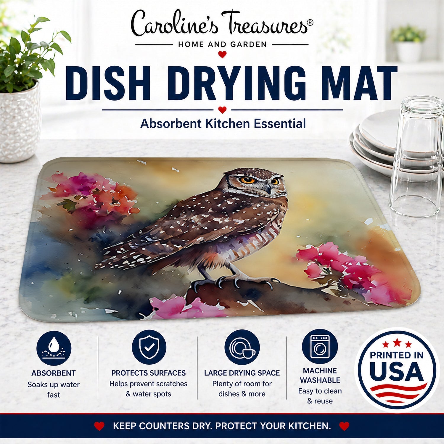 Burrowing Owl with Flowers Dish Drying Mat Absorbent Dish Drying Mat Pad for Kitchen Counter Dish Drainer Mat for Countertop, 14 x 21", Multicolor