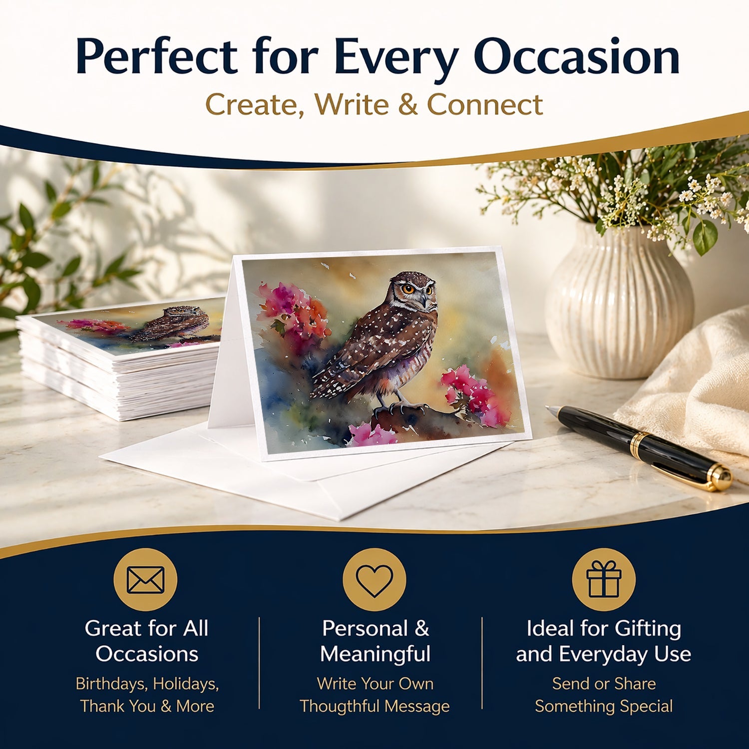 Burrowing Owl with Flowers Greeting Cards Pack of 8 Blank Cards with Envelopes Whimsical A7 Size 5x7
