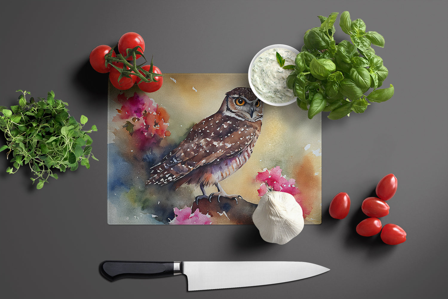 Burrowing Owl with Flowers Cutting Board Tempered Glass Kitchen Cutting Surface, Heat Resistant Chopping, Non-Slip Feet, Food Prep & Serving