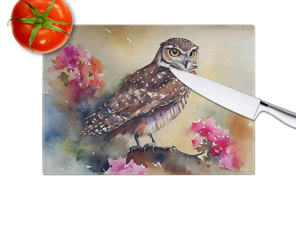 Burrowing Owl with Flowers Cutting Board Tempered Glass Kitchen Cutting Surface, Heat Resistant Chopping, Non-Slip Feet, Food Prep & Serving