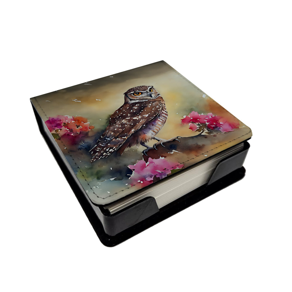 Burrowing Owl with Flowers PU Leather Note Paper Holder with Artist-Designed Cover, Desk Accessory, Office Gift
