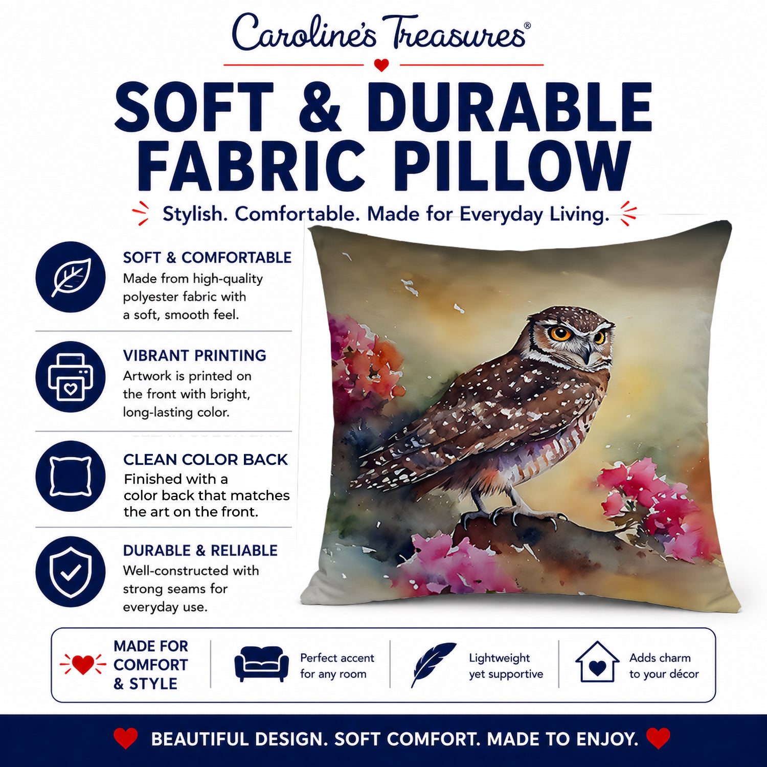 Burrowing Owl with Flowers Decorative Throw Pillow 14x14 Indoor Outdoor Accent Cushion, Fabric Cover with Insert for Sofa, Bed, Porch & Living Room