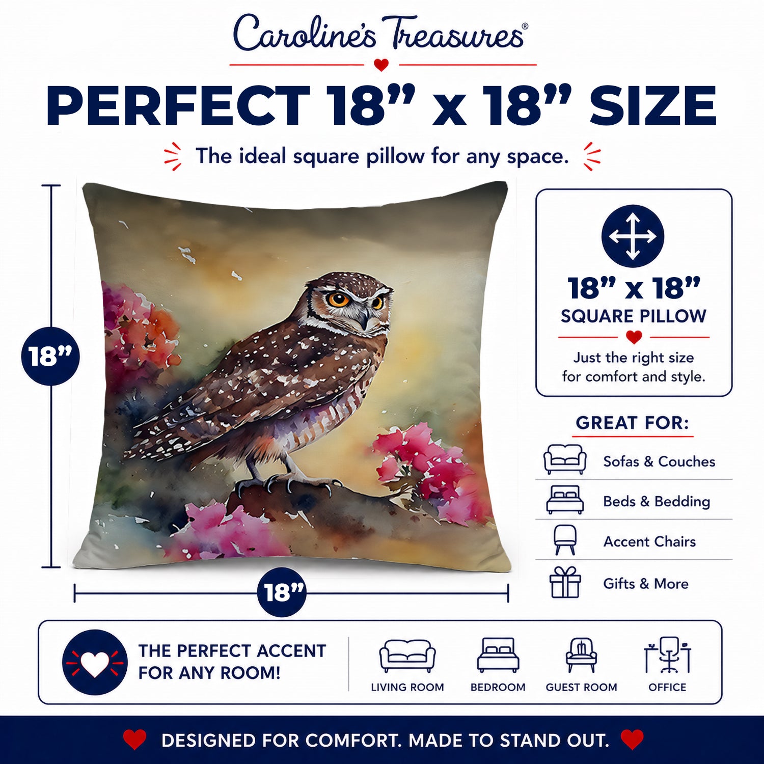 Burrowing Owl with Flowers Decorative Throw Pillow 18x18 Indoor Outdoor Accent Cushion, Fabric Cover with Insert for Sofa, Bed, Porch & Living Room