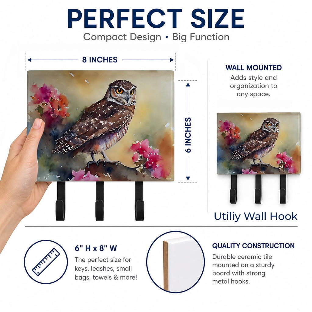 Burrowing Owl with Flowers Leash or Key Holder Wall Hooks, Coat Rack Wall Mount, for Hanging Keys, Towels, Aprons, Leashes