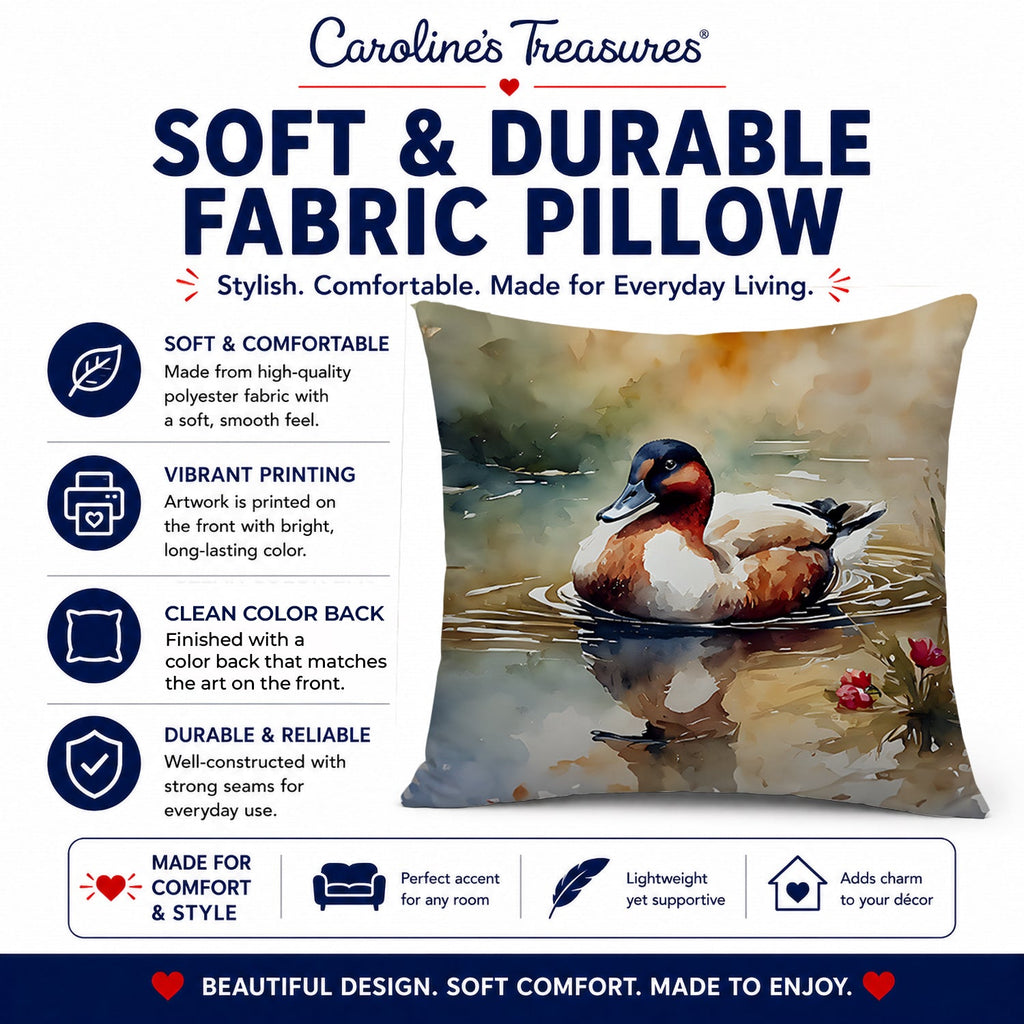 Canvasback Duck Swimming Pond Wildlife Decorative Throw Pillow 18x18 Indoor Outdoor Accent Cushion, Fabric Cover with Insert for Sofa, Bed, Porch & Living Room