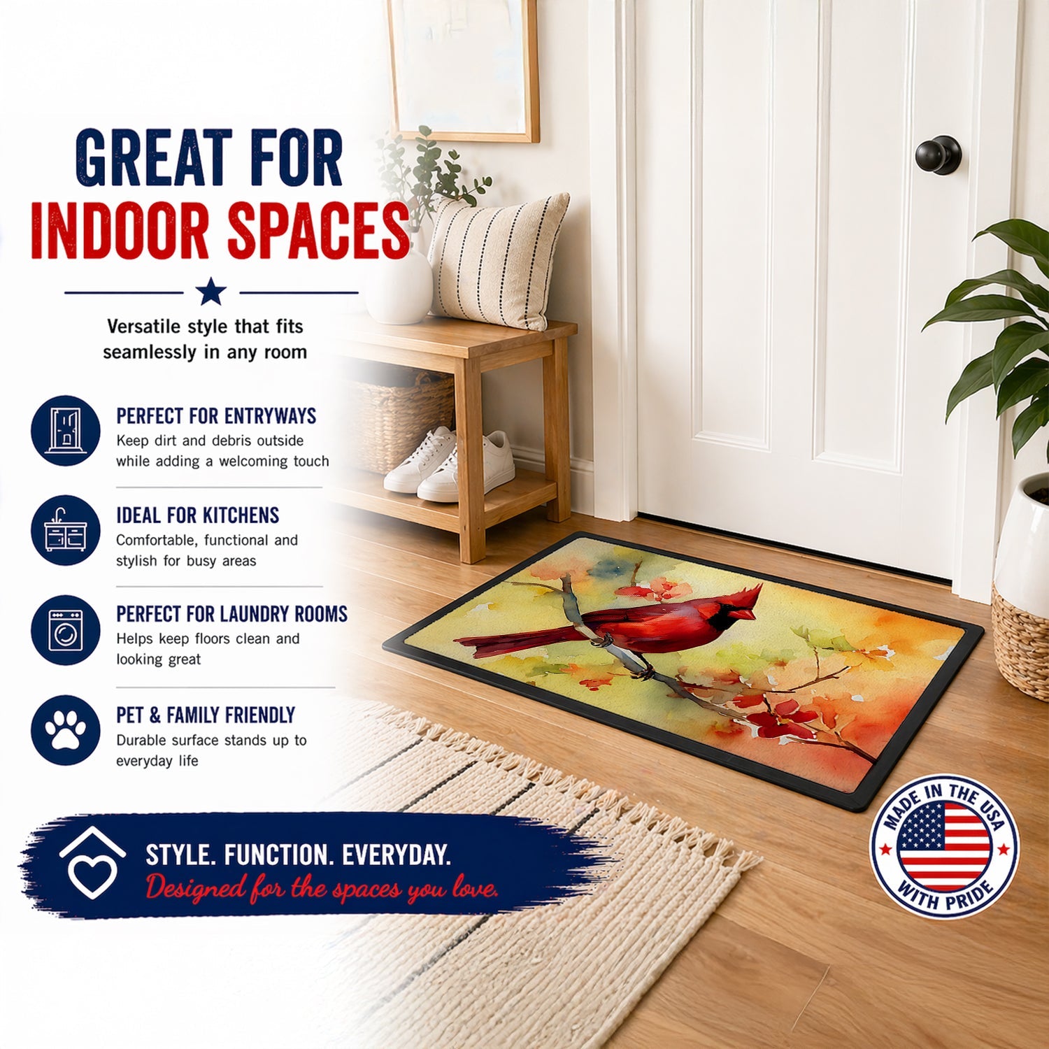 Northern Cardinal on Branch Doormat Indoor Outdoor 18H X 27W Front Door Mat Rugs for Entryway, Non Slip Washable