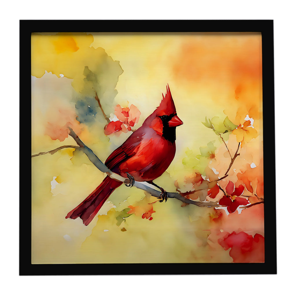 Northern Cardinal on Branch Framed Metal Print Bathroom, Kitchen, Office, Home Decor Wall Art Ready to Hang, Square, 8X8