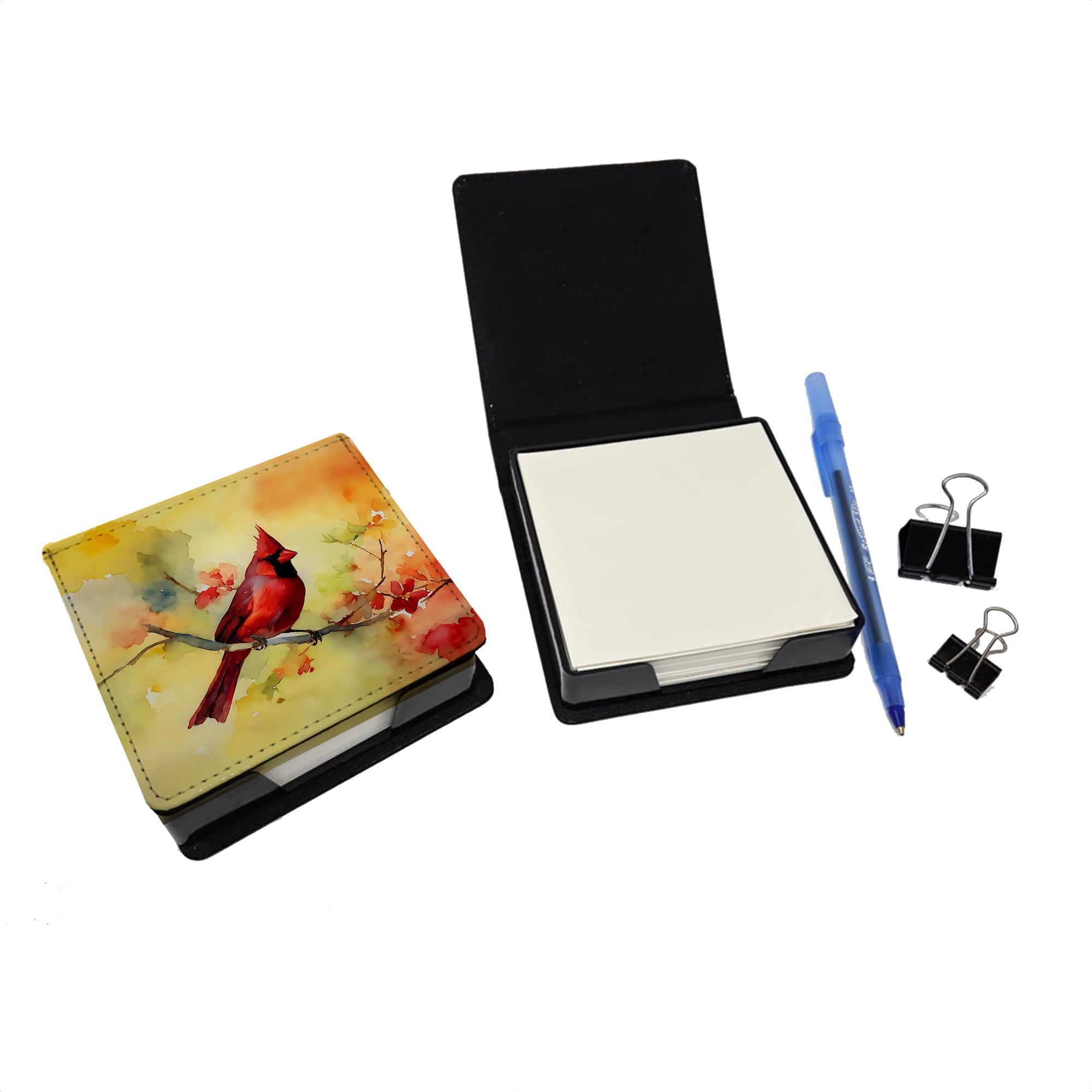 Northern Cardinal on Branch PU Leather Note Paper Holder with Artist-Designed Cover, Desk Accessory, Office Gift