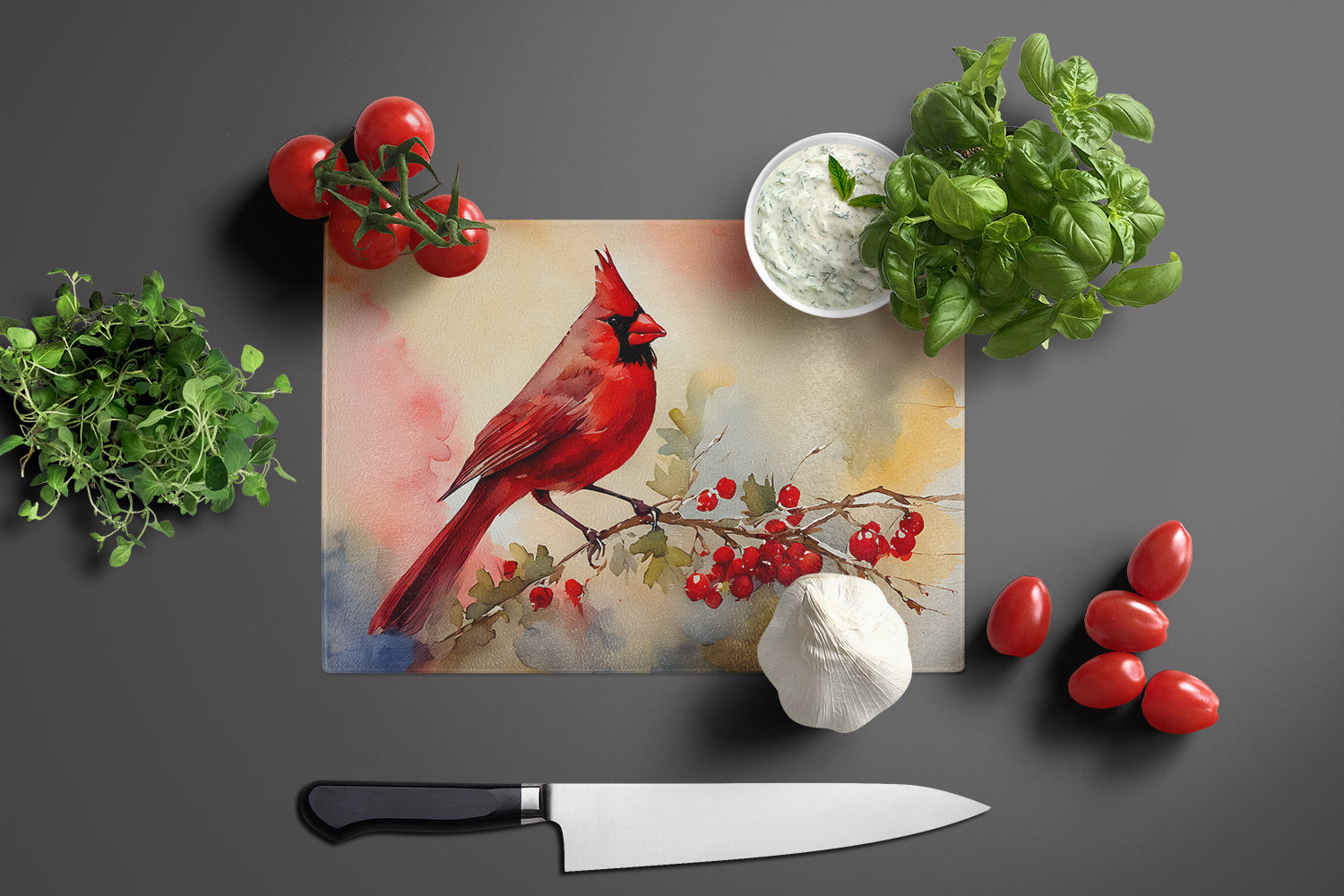 Northern Cardinal with Berries Cutting Board Tempered Glass Kitchen Cutting Surface, Heat Resistant Chopping, Non-Slip Feet, Food Prep & Serving