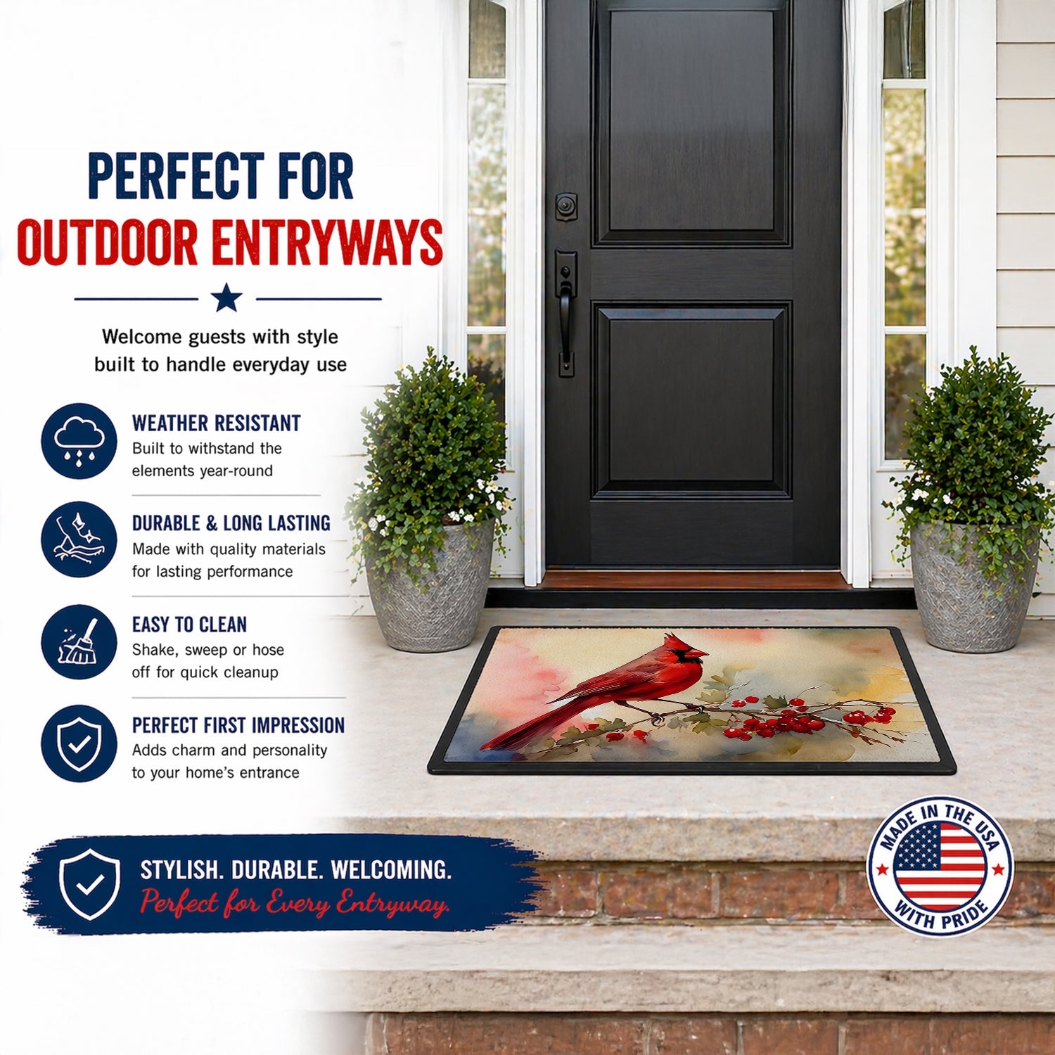 Northern Cardinal with Berries Doormat Indoor Outdoor 18H X 27W Front Door Mat Rugs for Entryway, Non Slip Washable