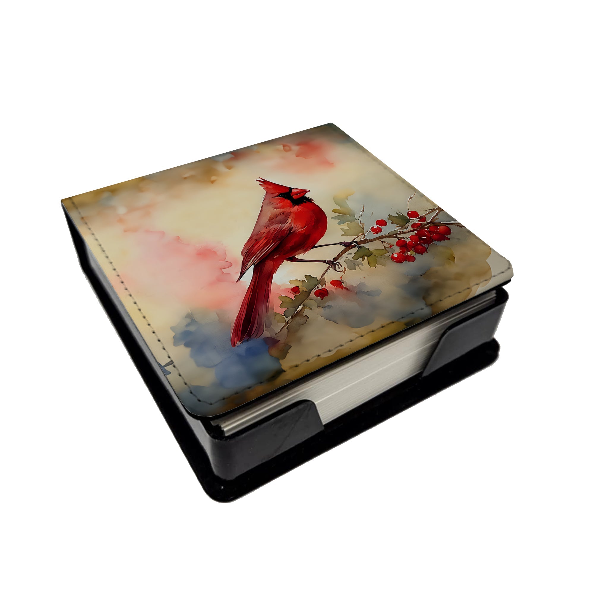 Northern Cardinal with Berries PU Leather Note Paper Holder with Artist-Designed Cover, Desk Accessory, Office Gift