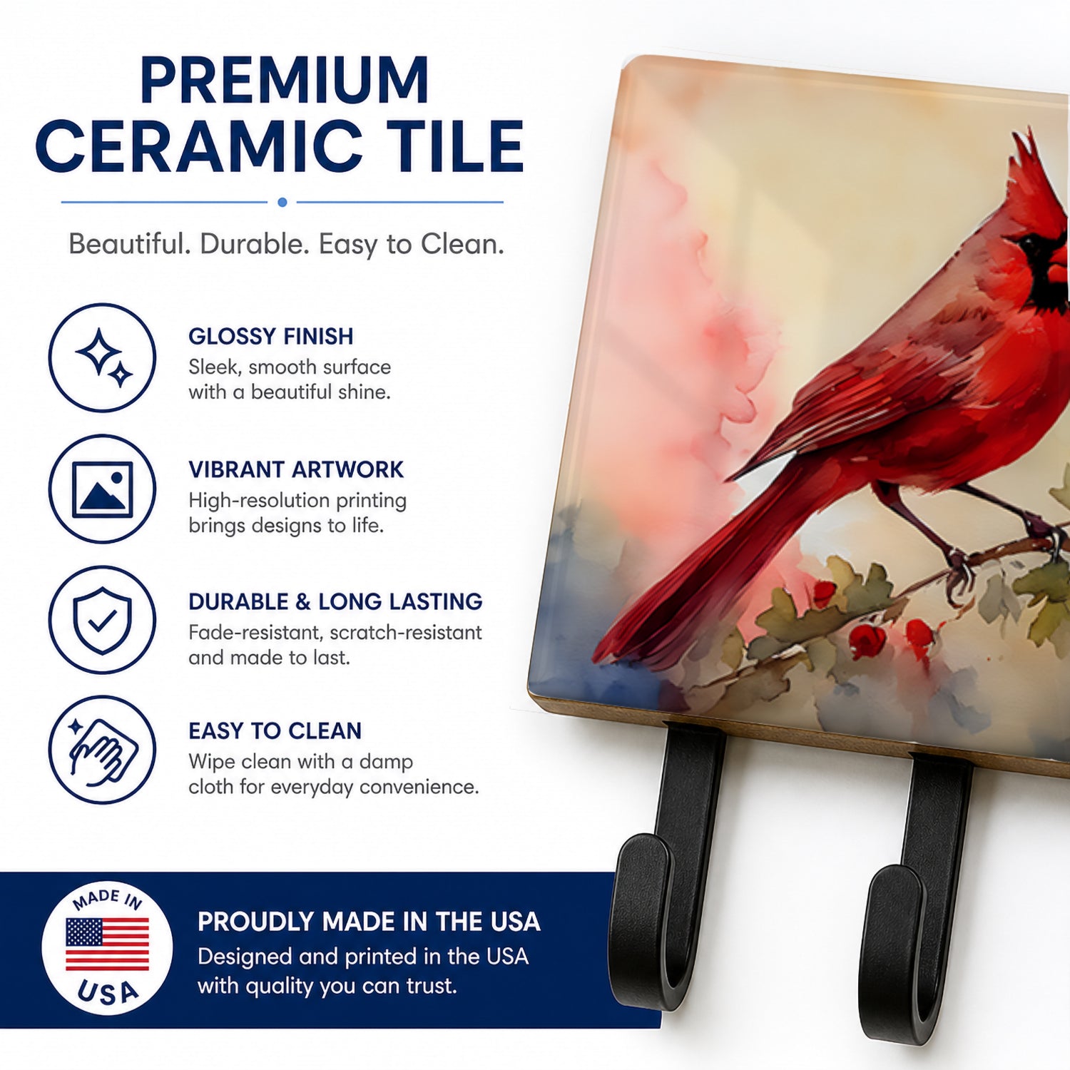 Northern Cardinal with Berries Leash or Key Holder Wall Hooks, Coat Rack Wall Mount, for Hanging Keys, Towels, Aprons, Leashes