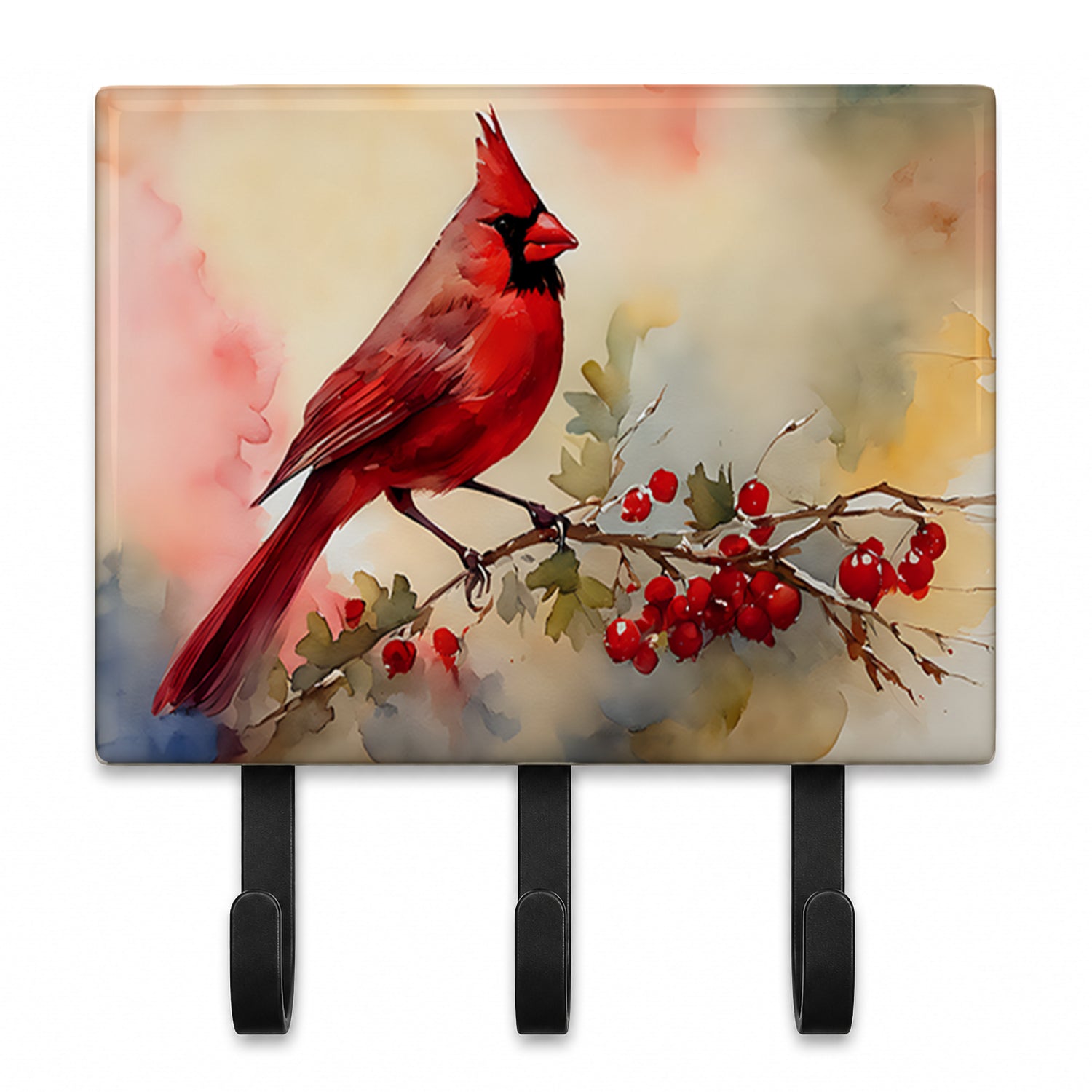 Northern Cardinal with Berries Leash or Key Holder Wall Hooks, Coat Rack Wall Mount, for Hanging Keys, Towels, Aprons, Leashes